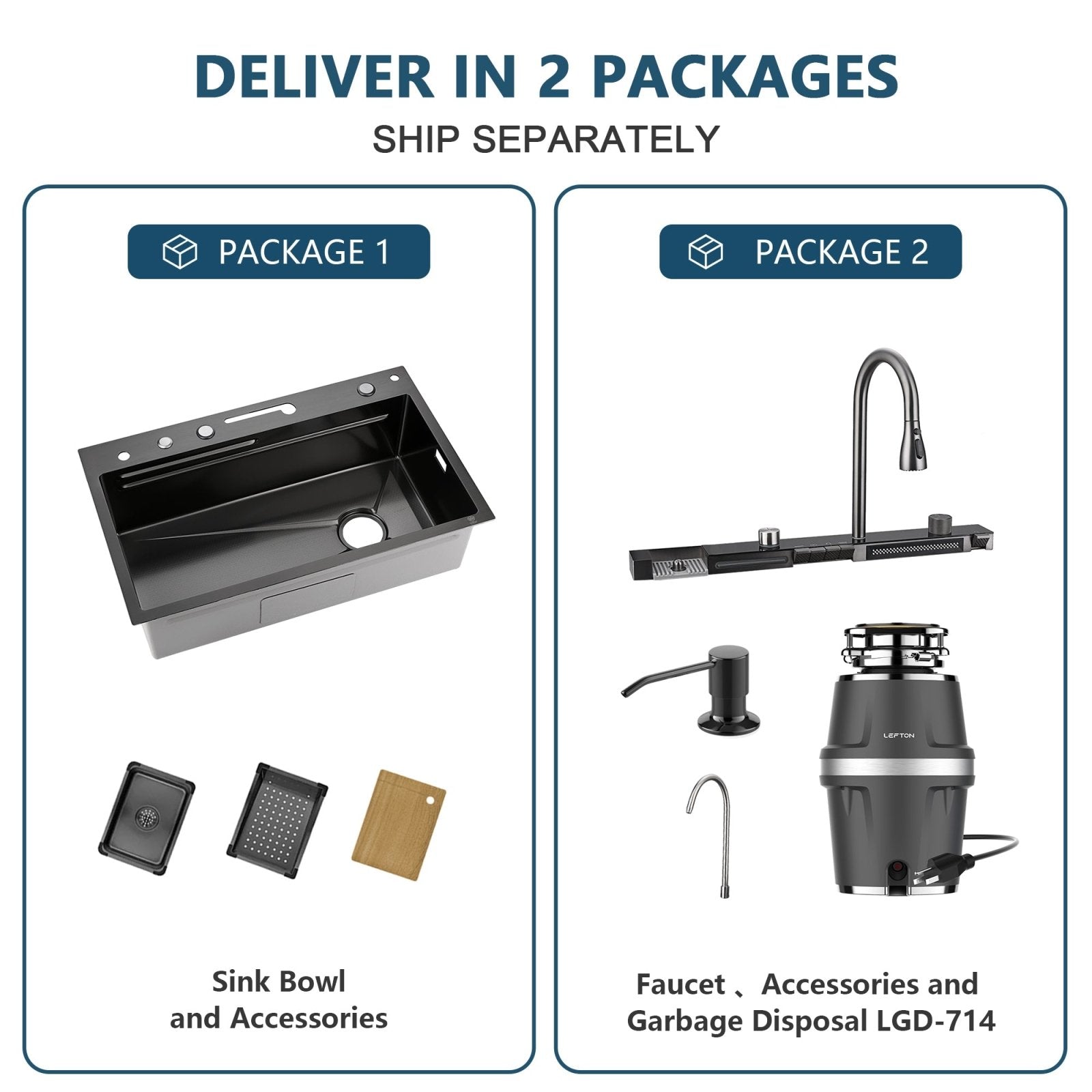 Lefton Drop-In Two Waterfall Faucets Kitchen Sink with Digital Temperature Display-KS2206 with 3/4 HP Garbage Disposal LGD-714 — thumbnail 3