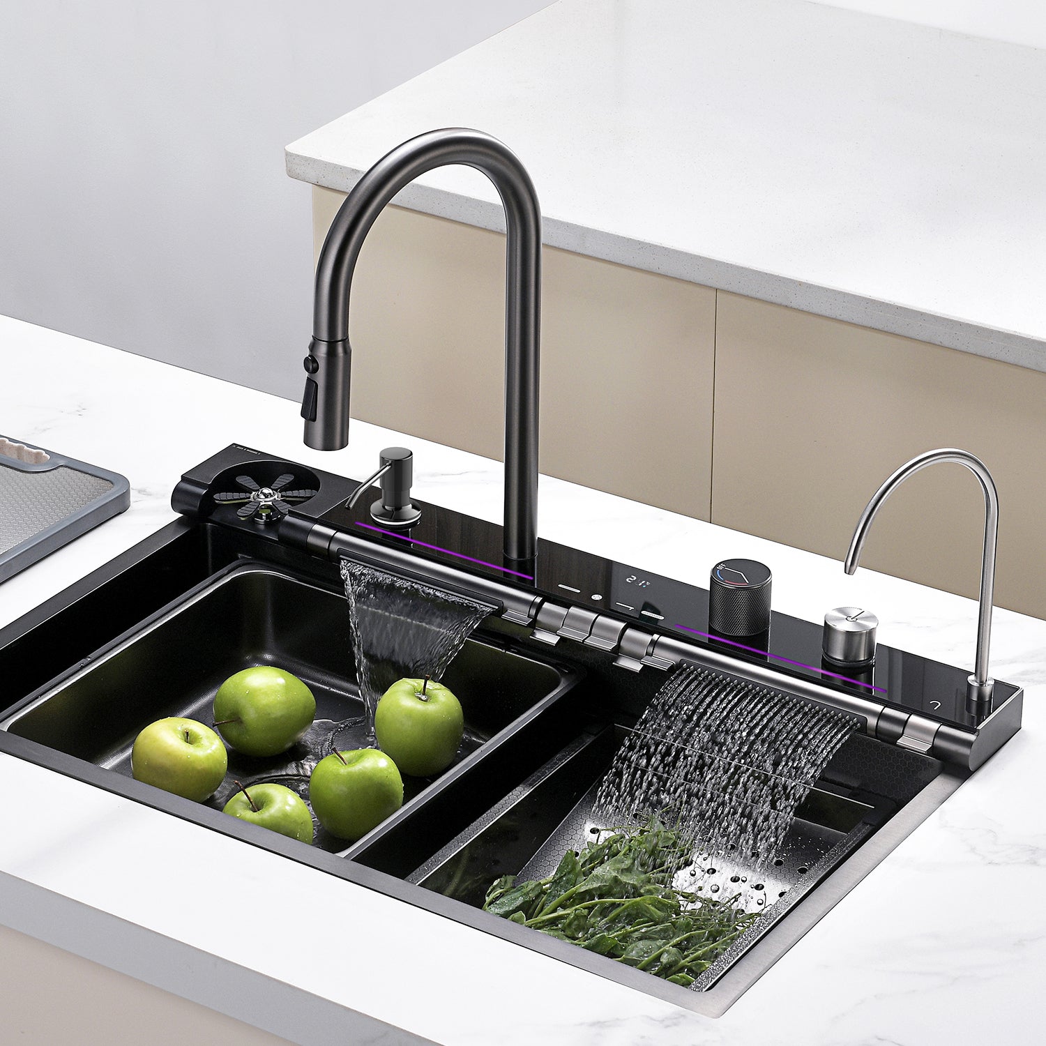 Lefton Drop-In Adjustable Waterfall Faucet Kitchen Sink with Digital Temperature Display & LED Lighting-KS2207