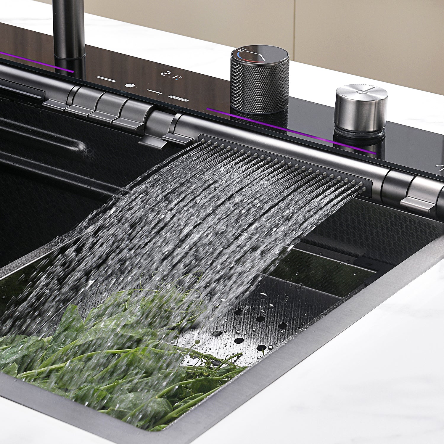 Lefton Drop-In Adjustable Waterfall Faucet Kitchen Sink with Digital Temperature Display & LED Lighting-KS2207 — thumbnail 2