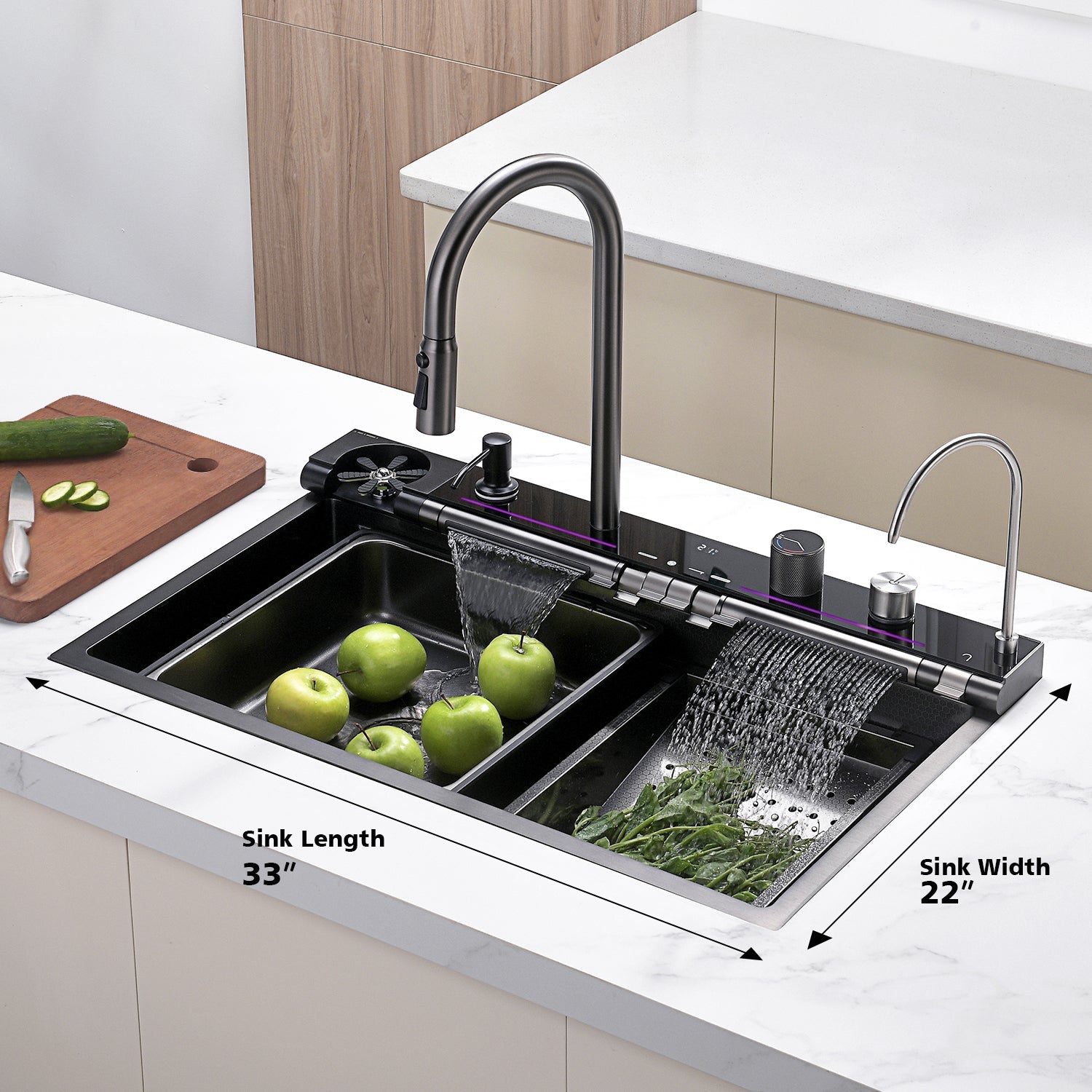 Lefton 33x22 Inch Drop-In Waterfall Faucet Kitchen Sink with Digital Temperature Display & LED Lighting-KS2207L — thumbnail 3