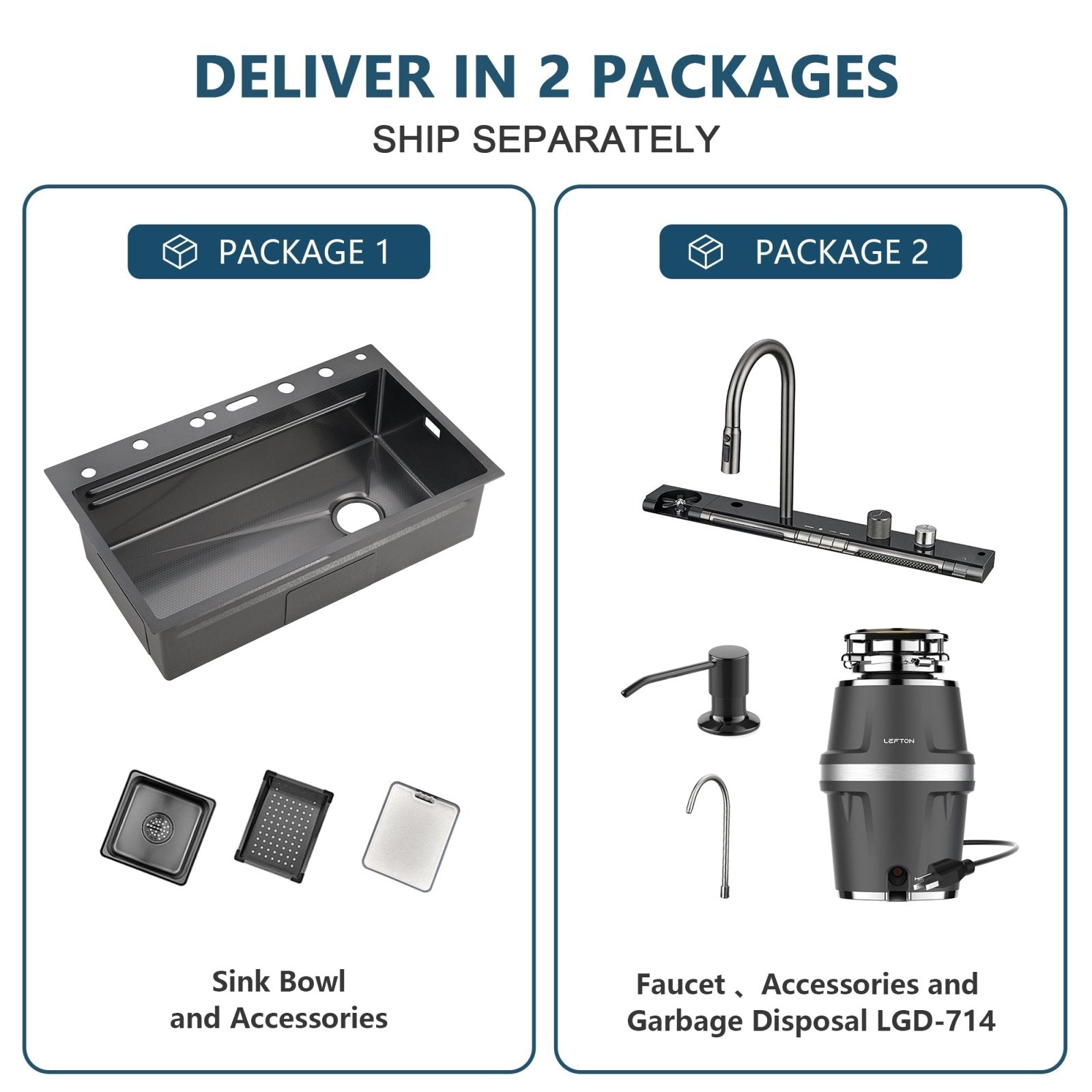 Lefton Drop-In Waterfall Faucet Kitchen Sink- KS2207 with 3/4 HP Garbage Disposal LGD-714 — thumbnail 3