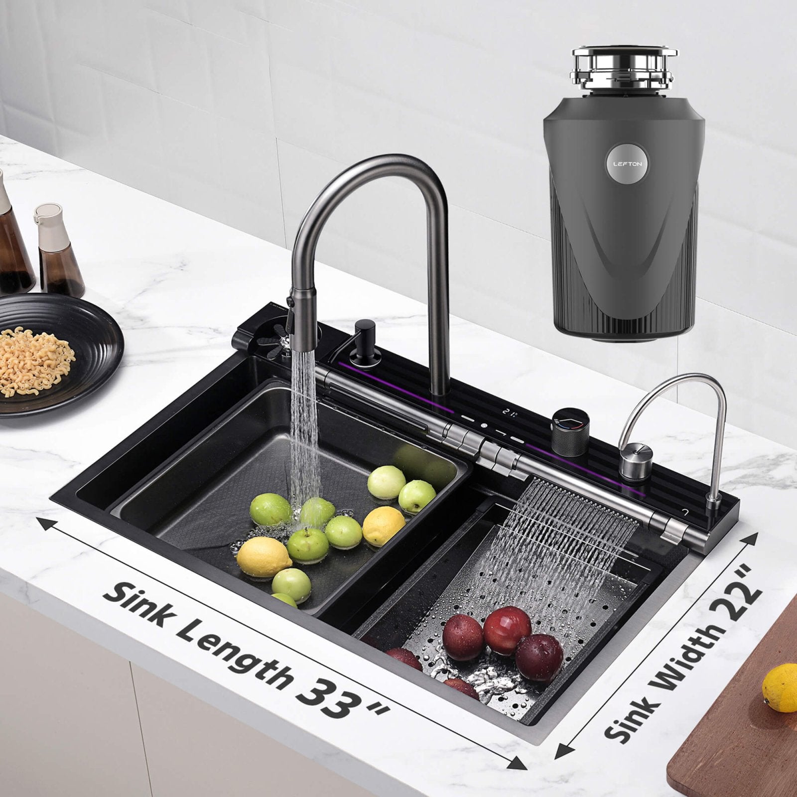 Lefton 33x22 Inch Drop-In Waterfall Faucet Kitchen Sink-KS2207L with 1 HP Garbage Disposals LGD-1010 — image 1