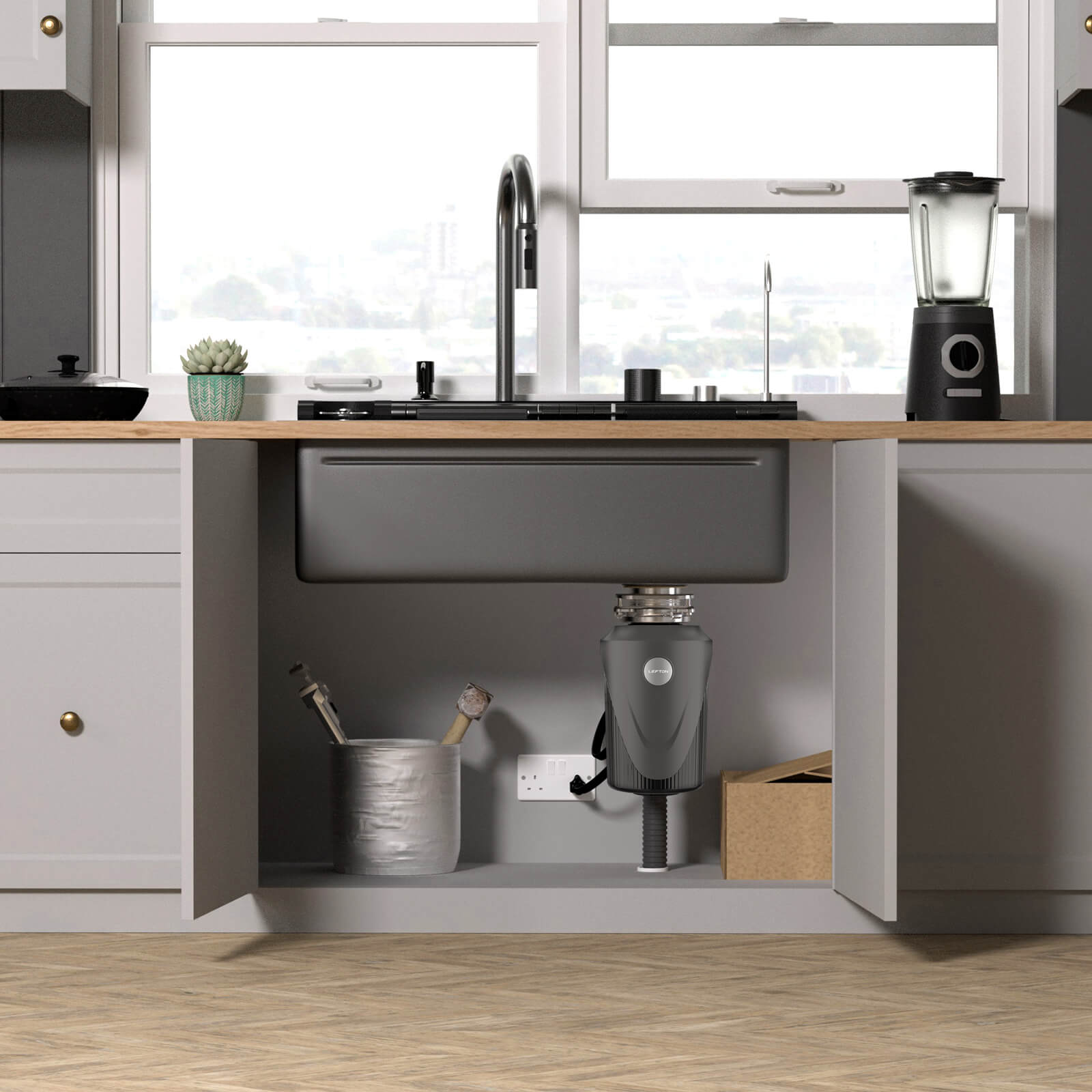 Lefton 33x22 Inch Drop-In Waterfall Faucet Kitchen Sink-KS2207L with 1 HP Garbage Disposals LGD-1010 — thumbnail 2