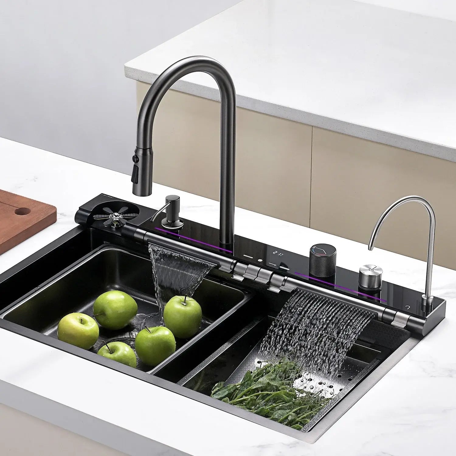 Recertified-Lefton 33x22 Inch Drop-In Waterfall Faucet Kitchen Sink with Digital Temperature Display & LED Lighting-KS2207L-US