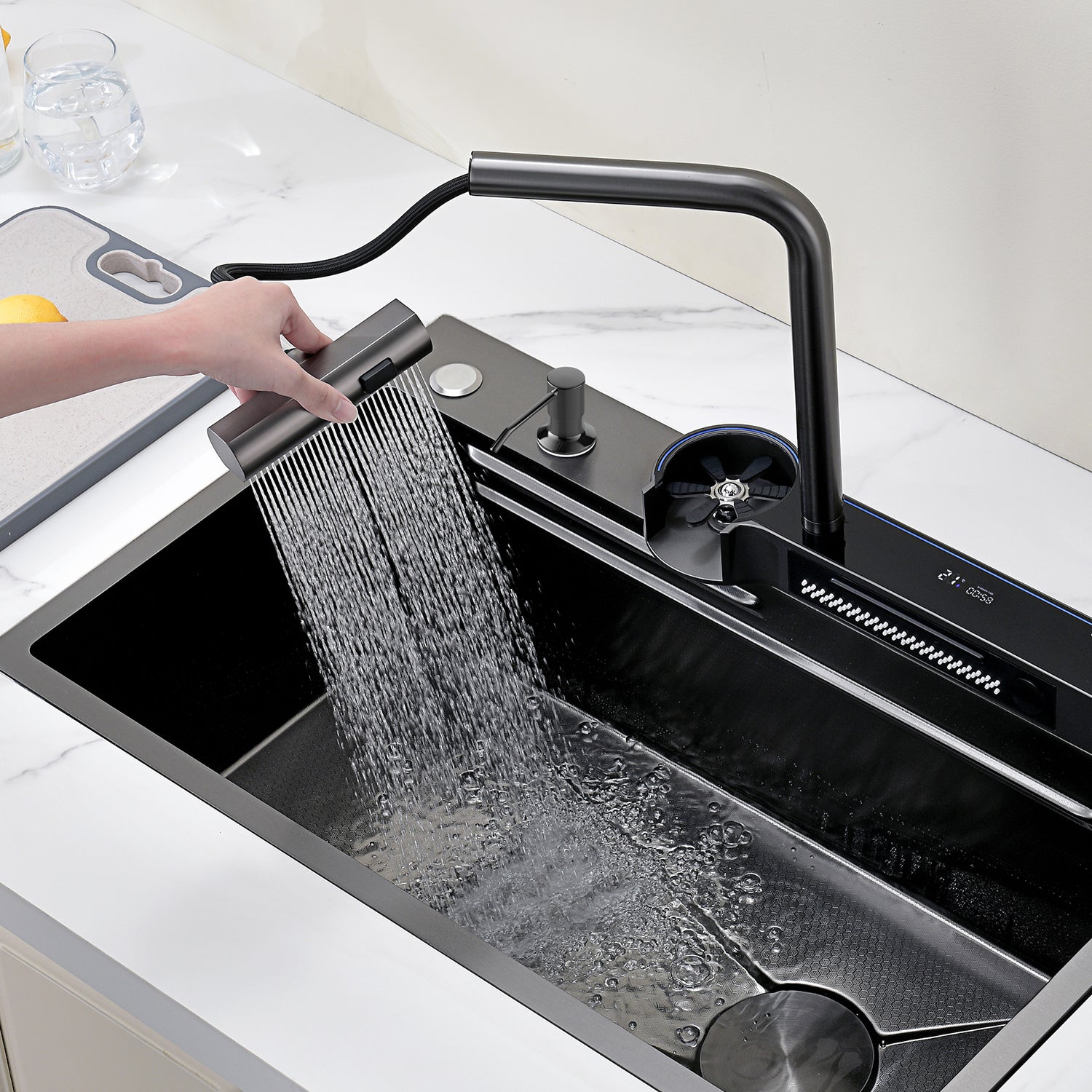 Recertified-Lefton Two Outlets Waterfall Faucet Kitchen Sink with Digital Temperature Display (Celsius Only) & LED Lighting-KS2208-AU/EU — thumbnail 2