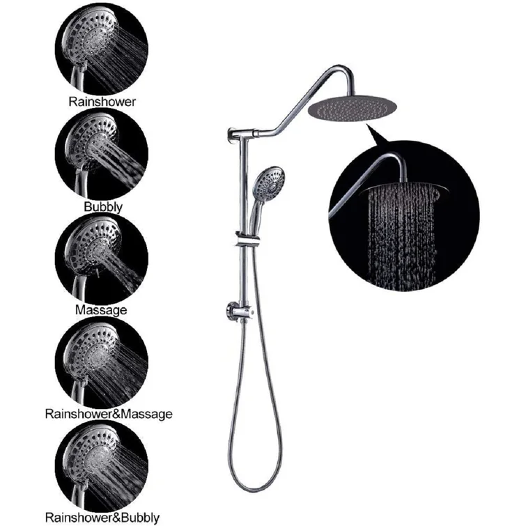 Lordear 10'' Stainless steel Wall Mounted Round High Pressure Shower Head with Handheld Shower and Adjustable Slide Bar — thumbnail 3