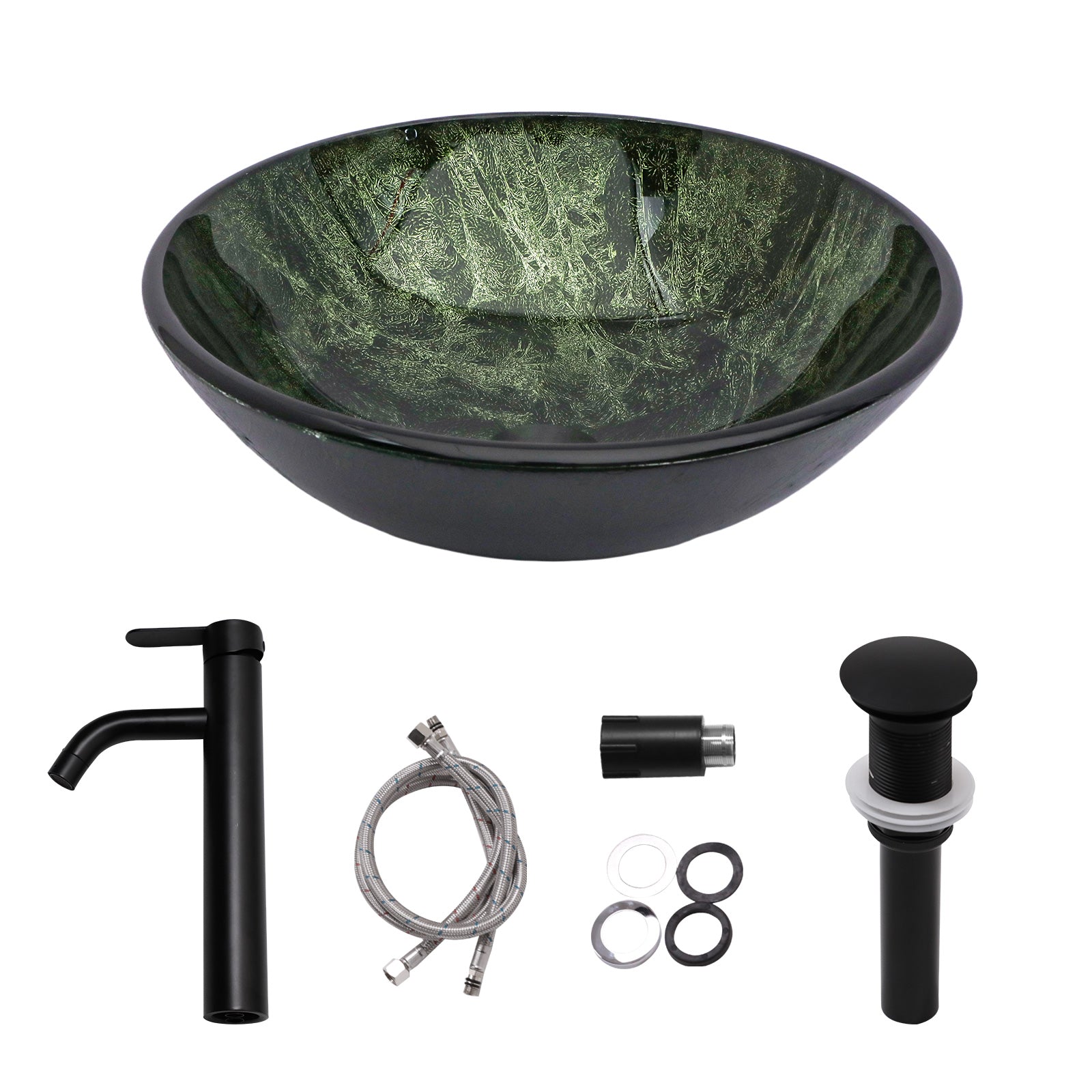 Lordear 16.5'' X 16.5'' Tempered Glass Bathroom Vessel Sink with Faucet and Pop-up Drain