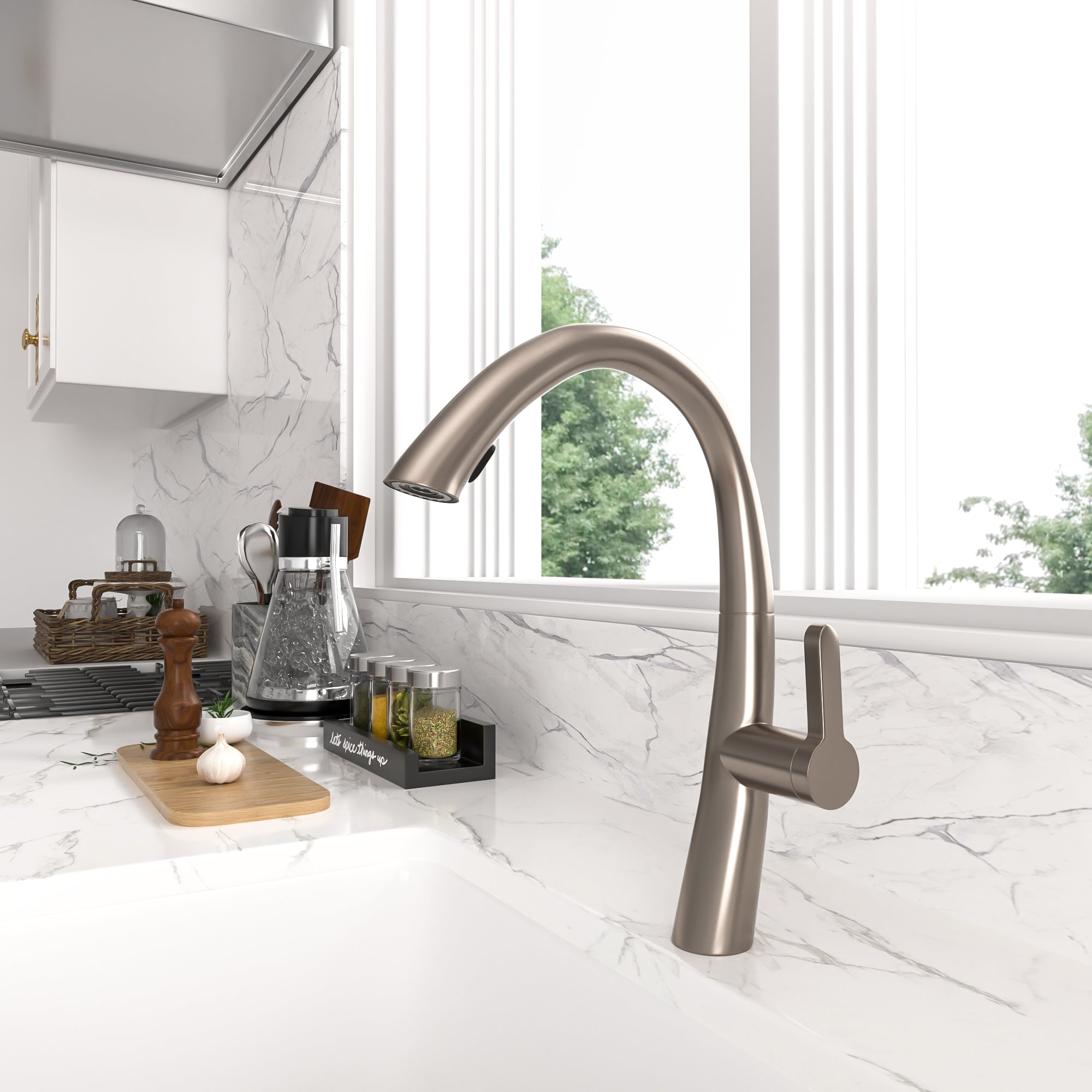 Lordear Modern Single Handle Brushed Nickel Brass Kitchen Faucet — thumbnail 2