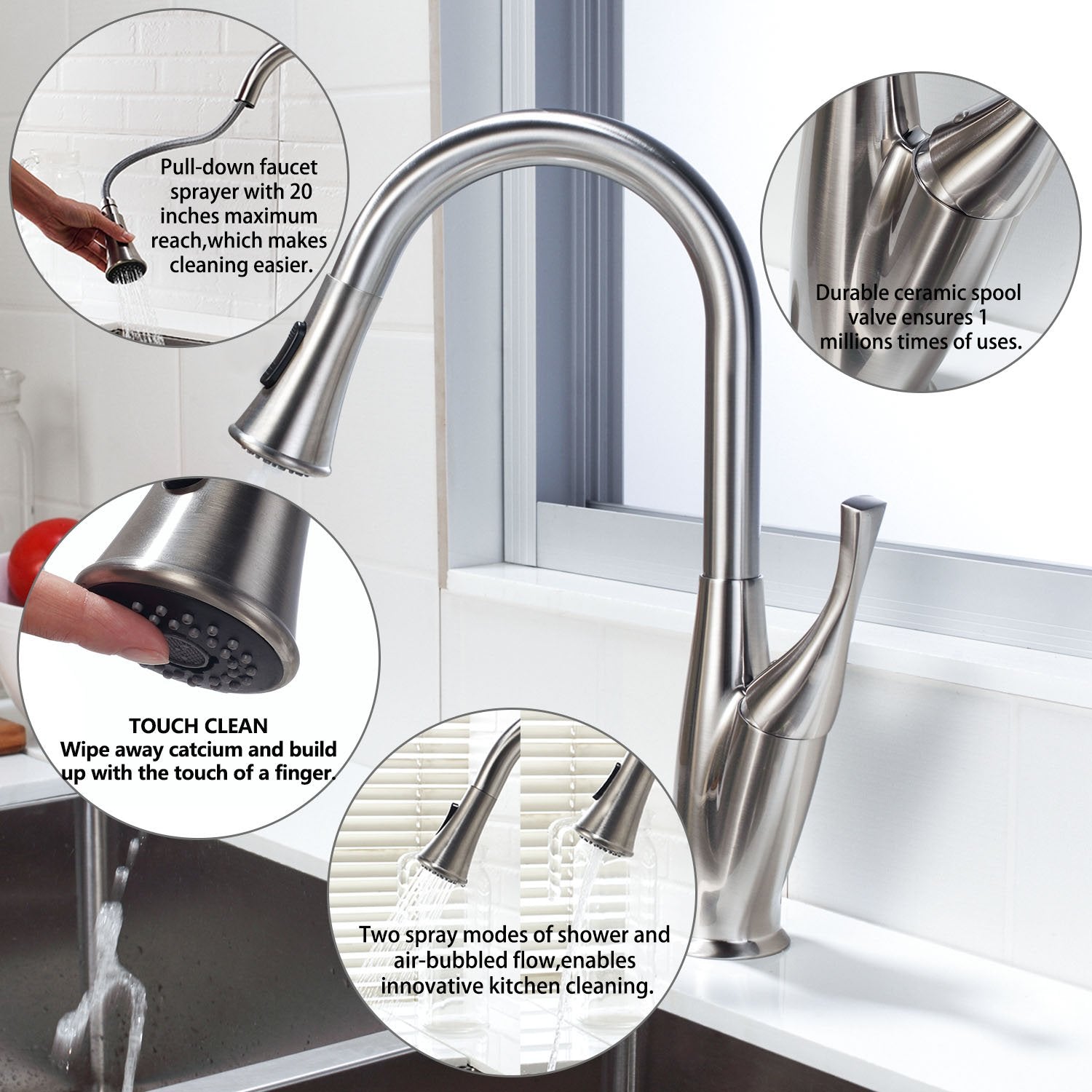 Lordear Flower Vase Shape Pull-Down Stainless Steel Kitchen Faucet — thumbnail 3