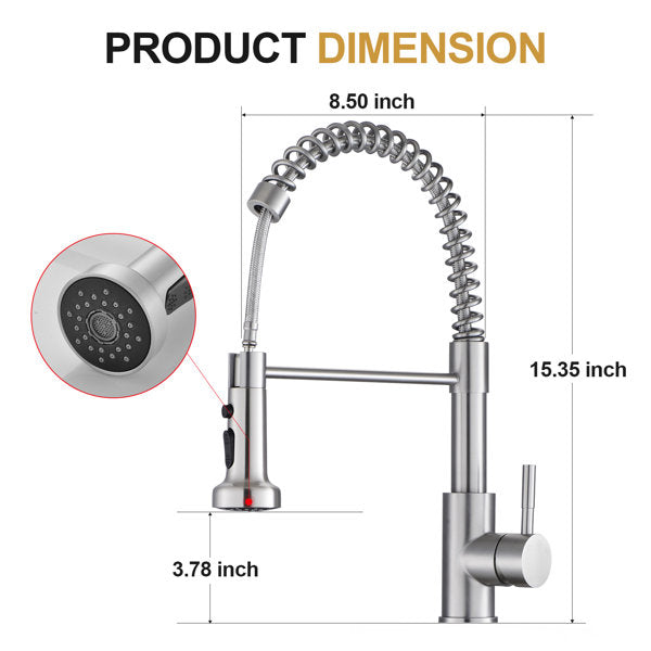 Lordear Brushed Nickel 360-degree Pull Down Single Handle Stainless Steel Kitchen Faucet — thumbnail 3