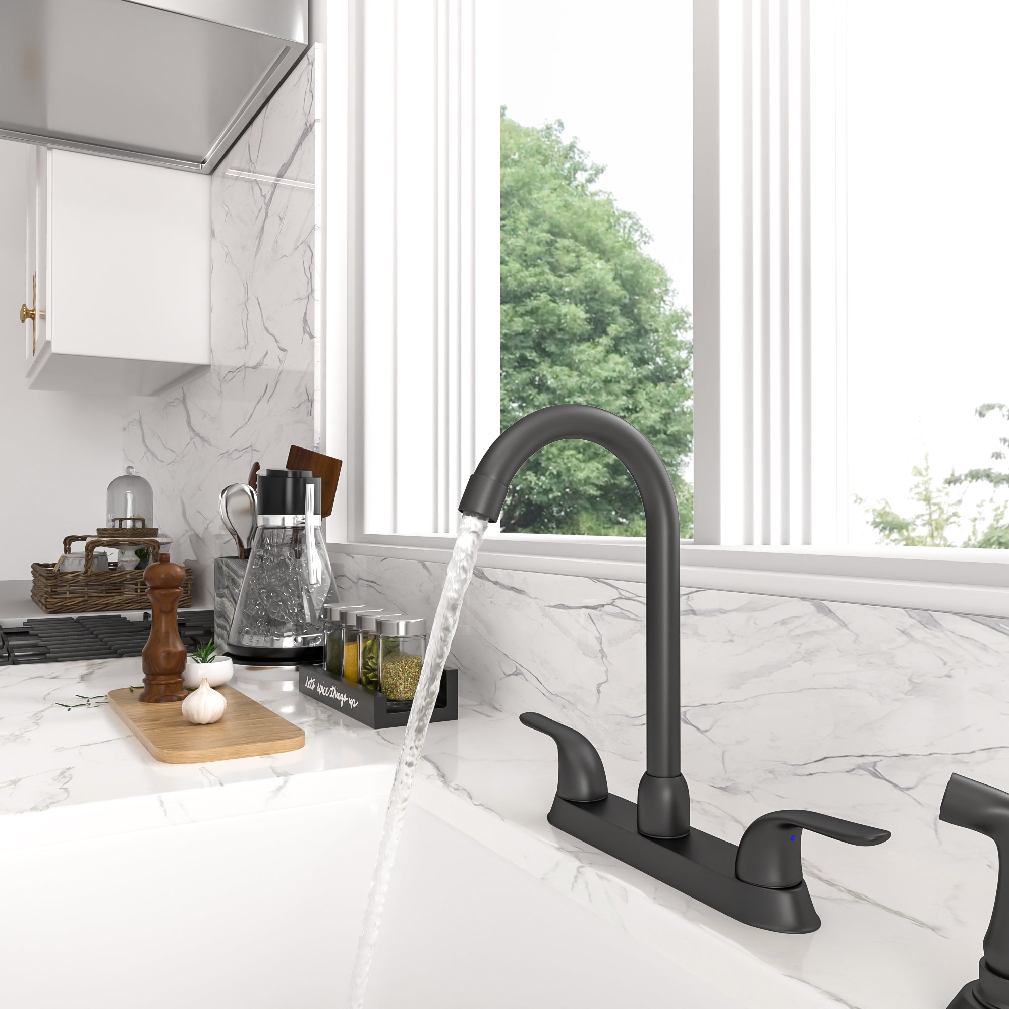 Lordear Modern Design Double Handle Pull Out Spray Head Brass Kitchen Faucet — thumbnail 2