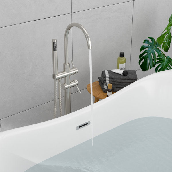 Lordear Freestanding Bathtub Faucet Floor Mount High Flow Tub Filler with Swivel Gooseneck Spout and Handheld Shower — thumbnail 2