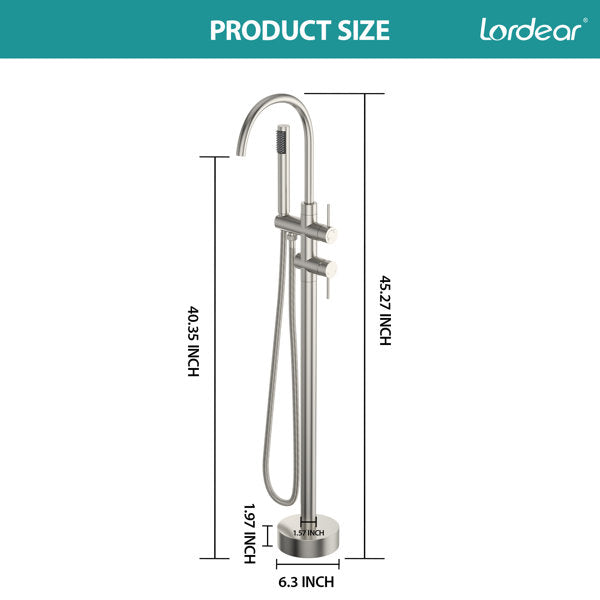 Lordear Freestanding Bathtub Faucet Floor Mount High Flow Tub Filler with Swivel Gooseneck Spout and Handheld Shower — thumbnail 3