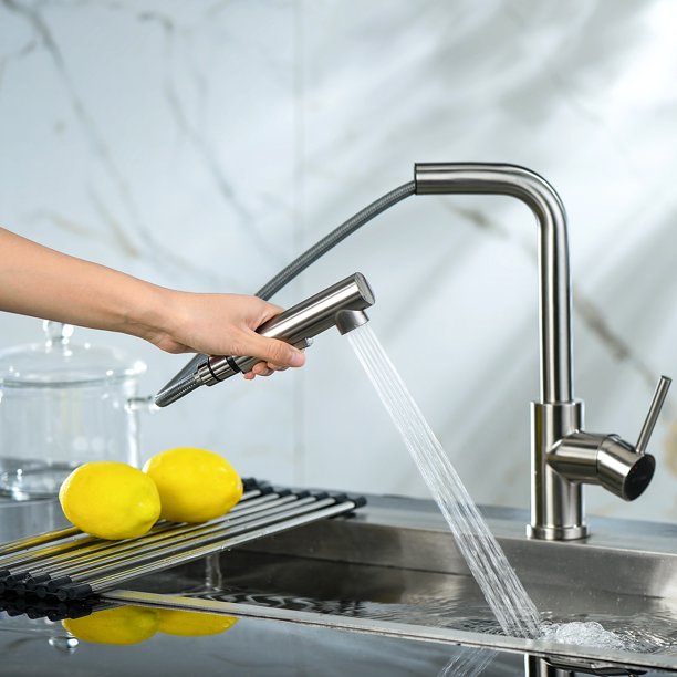 Lordear Pull Down Brushed Nickel Single Handle Brass Kitchen Faucet — thumbnail 2