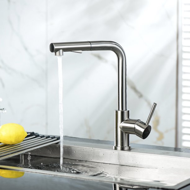 Lordear Pull Down Brushed Nickel Single Handle Brass Kitchen Faucet — thumbnail 3