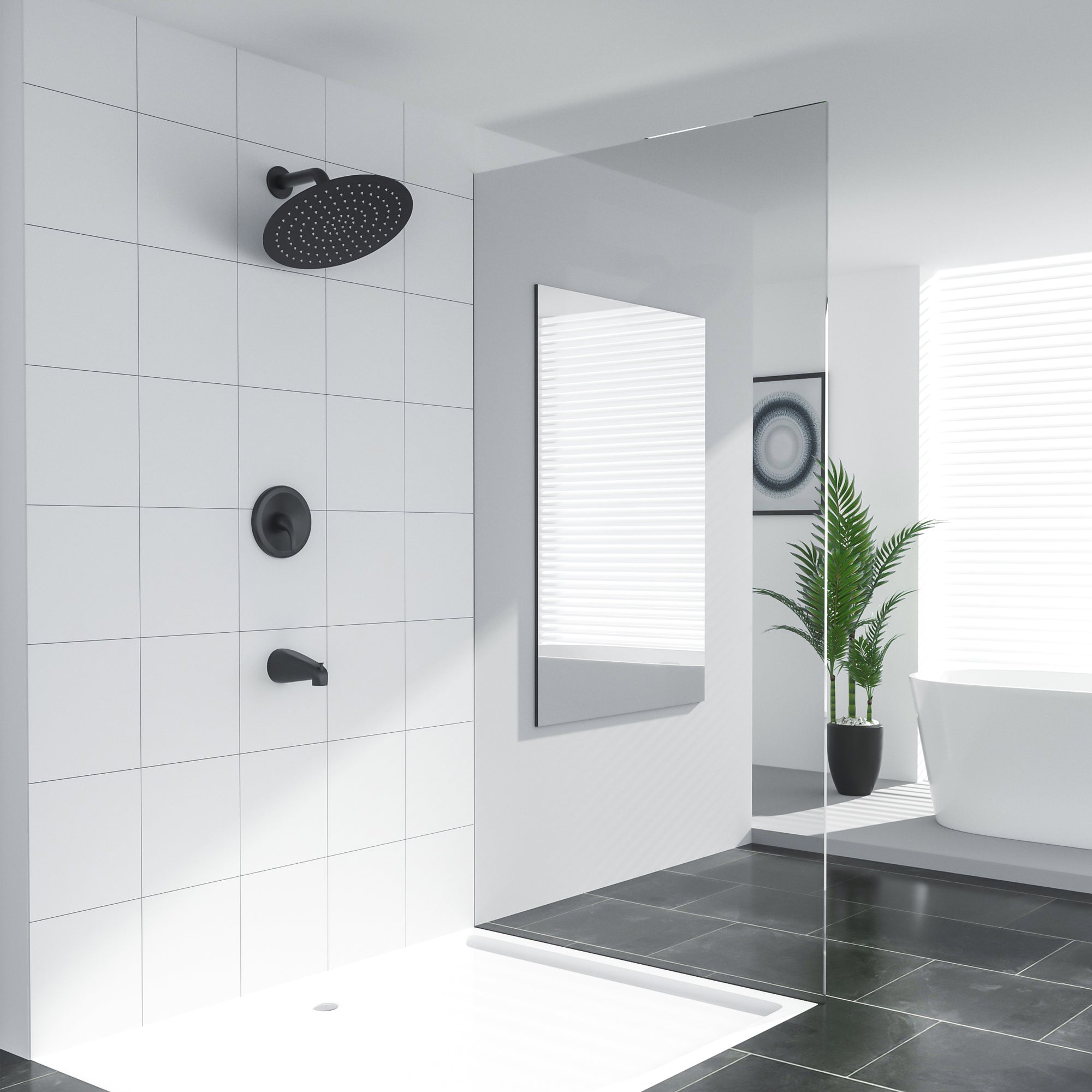 Lordear 10'' Stainless Steel Wall Mounted Round Rainfall Shower Head with Bathroom Faucet — thumbnail 2