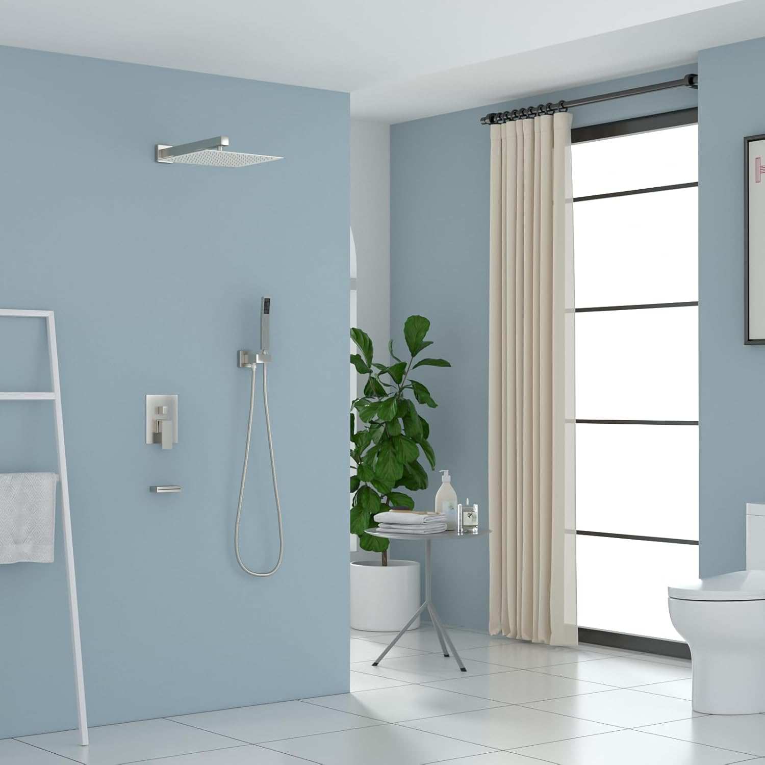 Lordear 12'' ‎Stainless Steel Wall Mounted Rainfall Square Shower Head with Handheld and Faucet — thumbnail 2