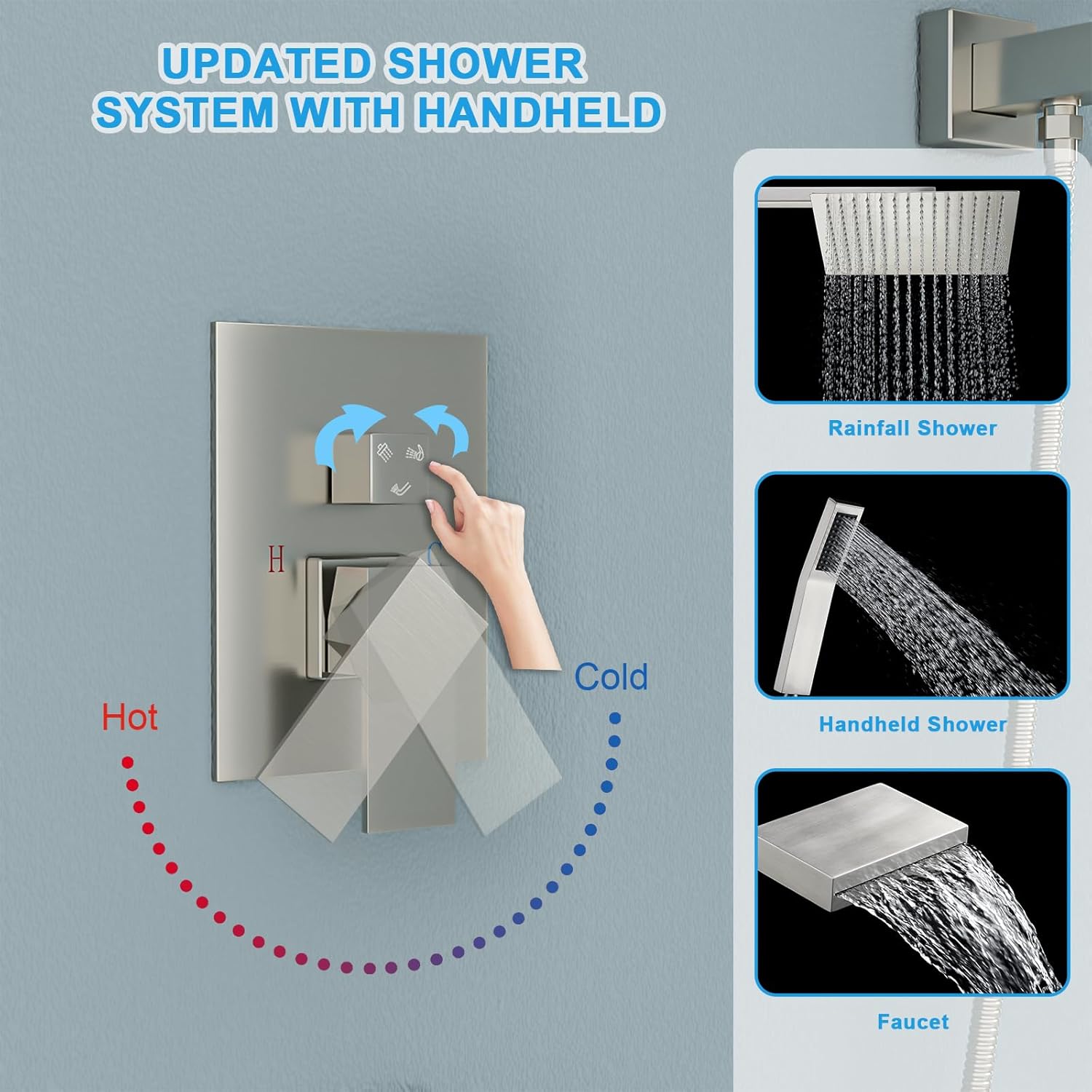 Lordear 12'' ‎Stainless Steel Wall Mounted Rainfall Square Shower Head with Handheld and Faucet — thumbnail 3
