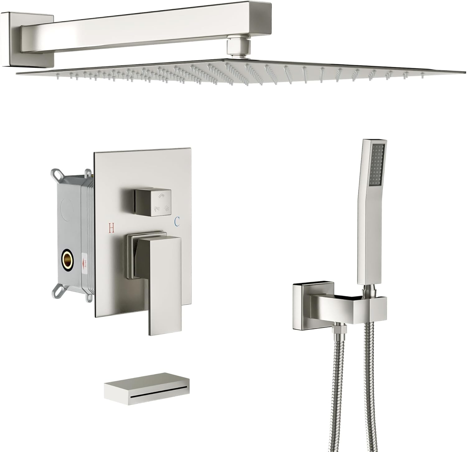 Lordear 12'' ‎Stainless Steel Wall Mounted Rainfall Square Shower Head with Handheld and Faucet