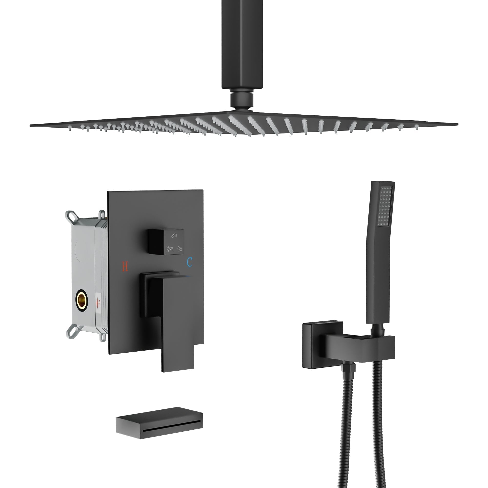 Lordear 12'' ‎Stainless Steel Square Wall Mounted Shower System-Rainfall Faucet Set