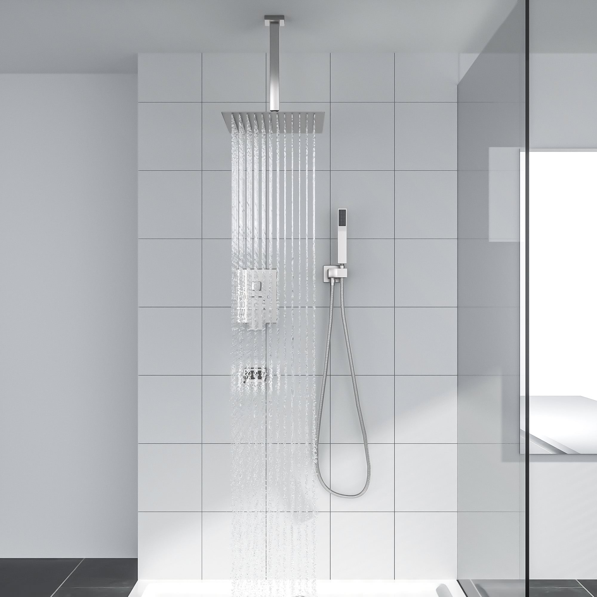 Lordear Stainless Steel Ceiling Mounted Rainfall Shower System with Waterfall Faucet — thumbnail 3