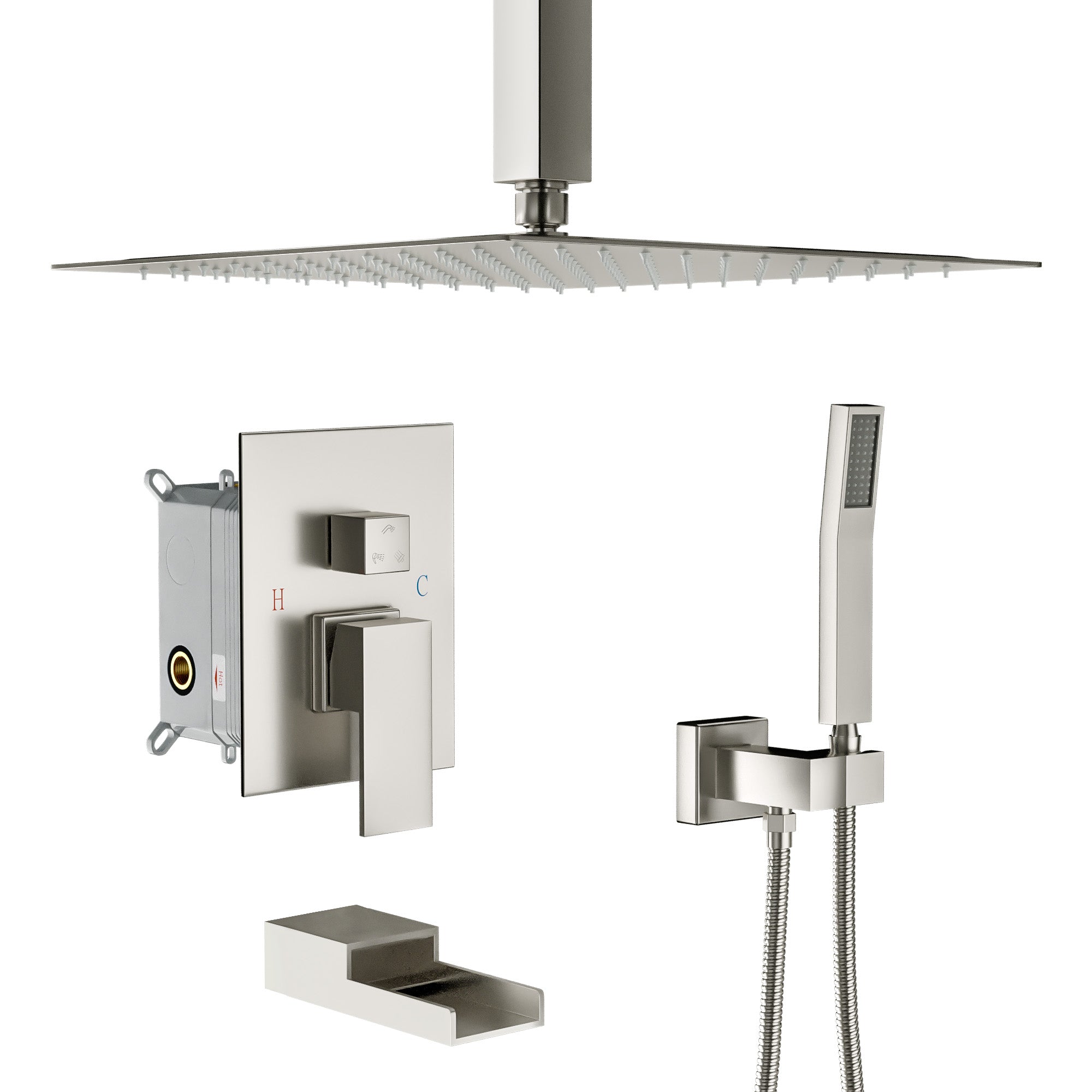 Lordear Stainless Steel Ceiling Mounted Rainfall Shower System with Waterfall Faucet