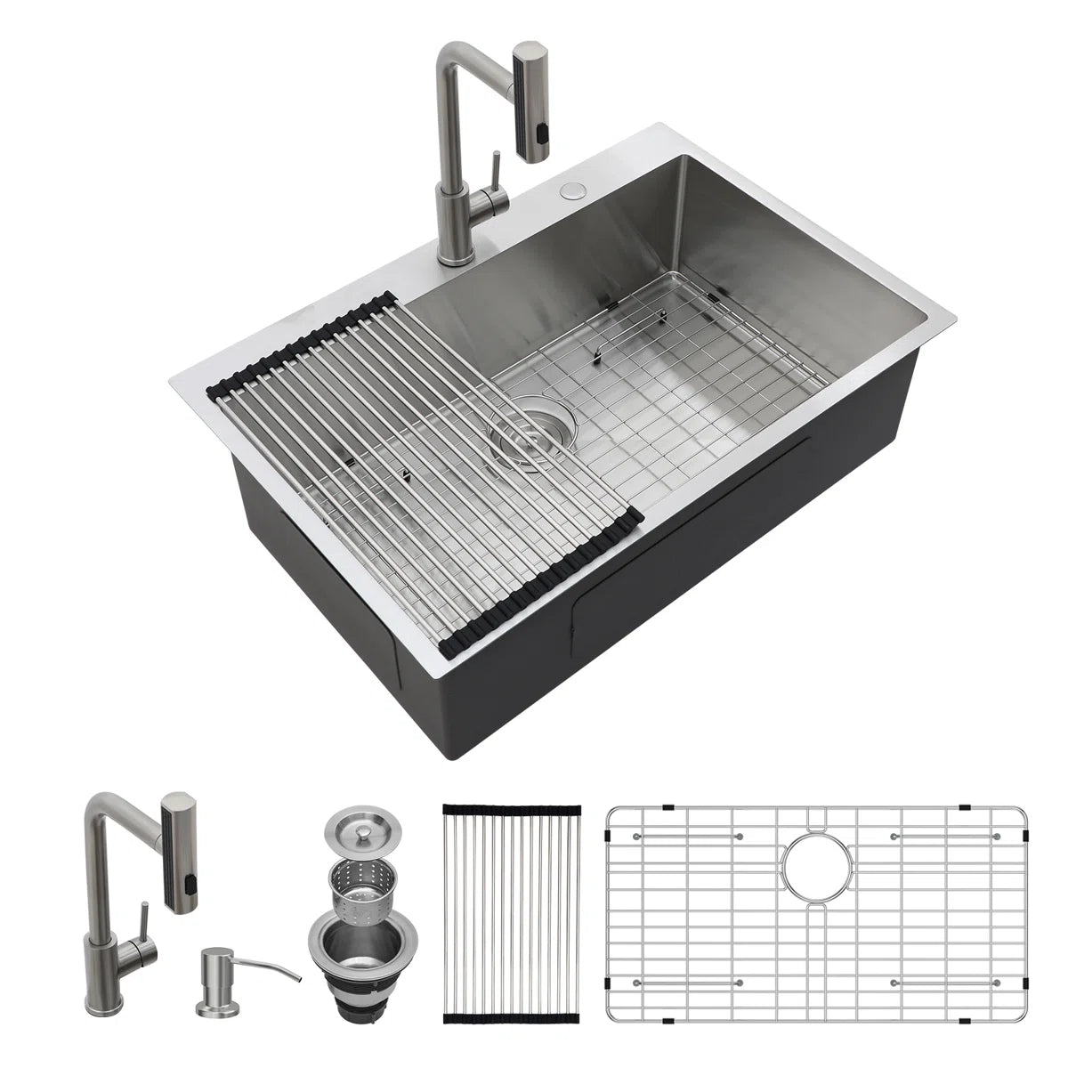 Lordear Drop-in Single Bowl Stainless Steel Kitchen Sink with Pull-out Faucet — image 1