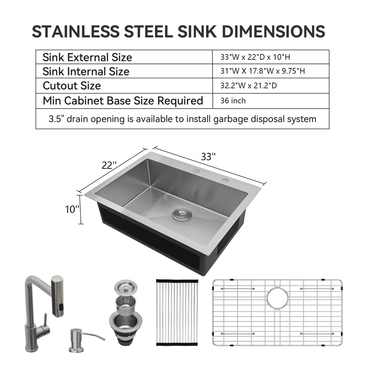 Lordear Drop-in Single Bowl Stainless Steel Kitchen Sink with Pull-out Faucet — thumbnail 3