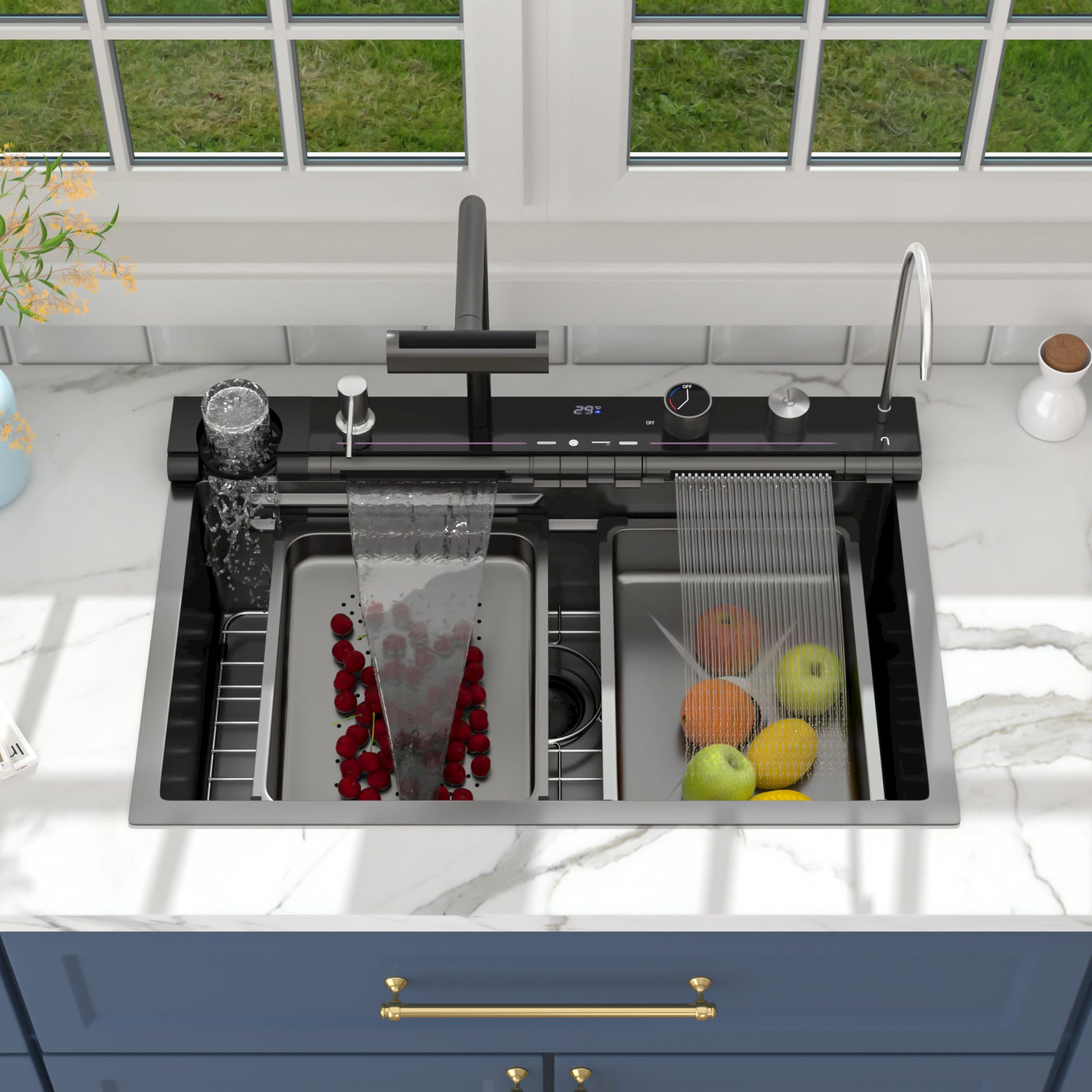 Lordear Drop-in Single Bowl Waterfall Stainless Steel Workstation Kitchen Sink with Digital Display in Honeycomb Finish — thumbnail 3