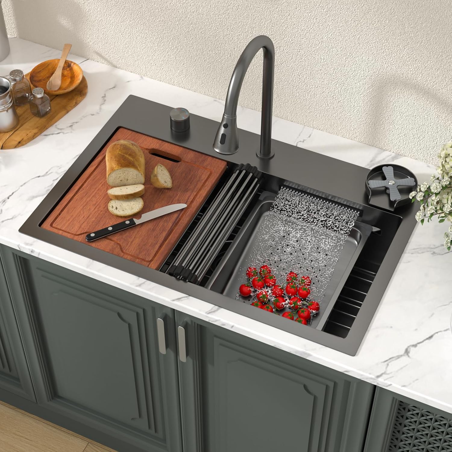 Lordear 31'' Waterfall Single Bowl Topmount Stainless Steel Workstation Kitchen Sink with Pull Out Faucet — thumbnail 2