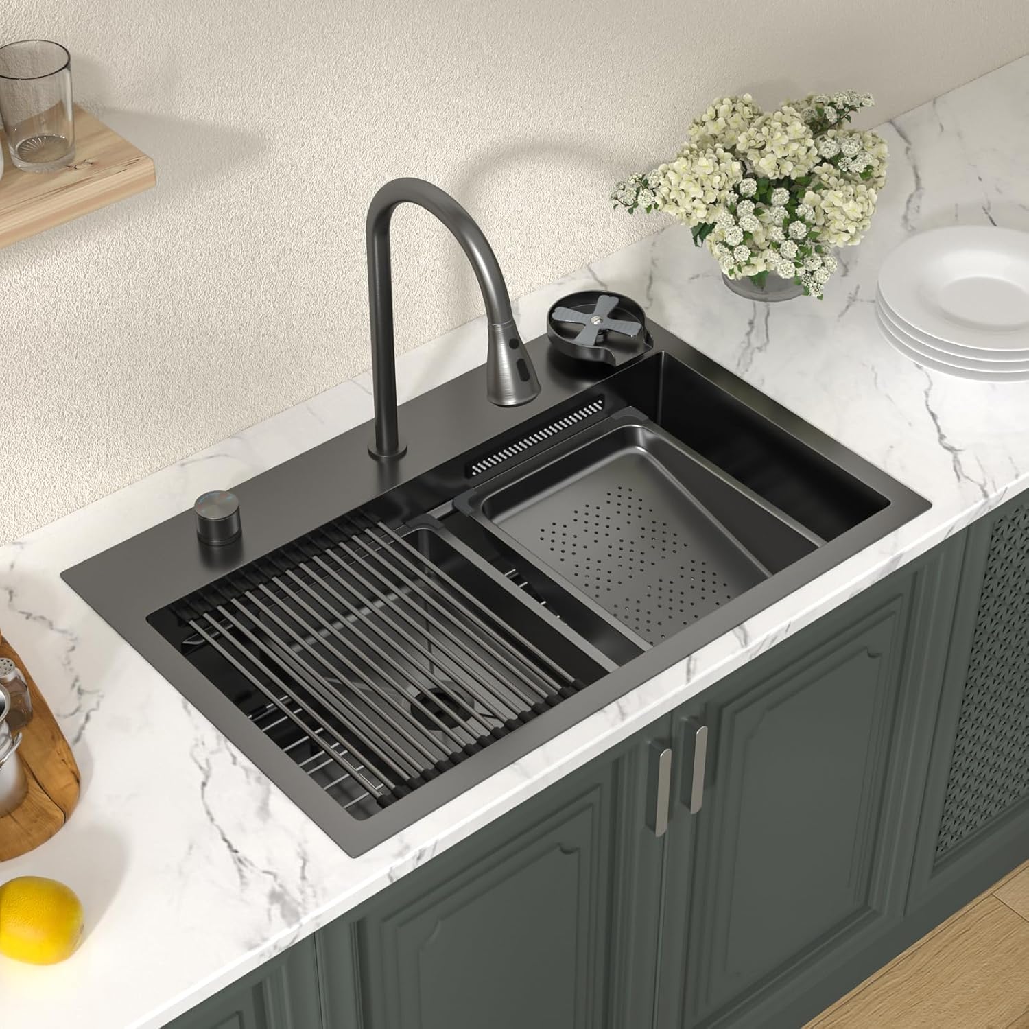 Lordear 31'' Waterfall Single Bowl Topmount Stainless Steel Workstation Kitchen Sink with Pull Out Faucet — thumbnail 3