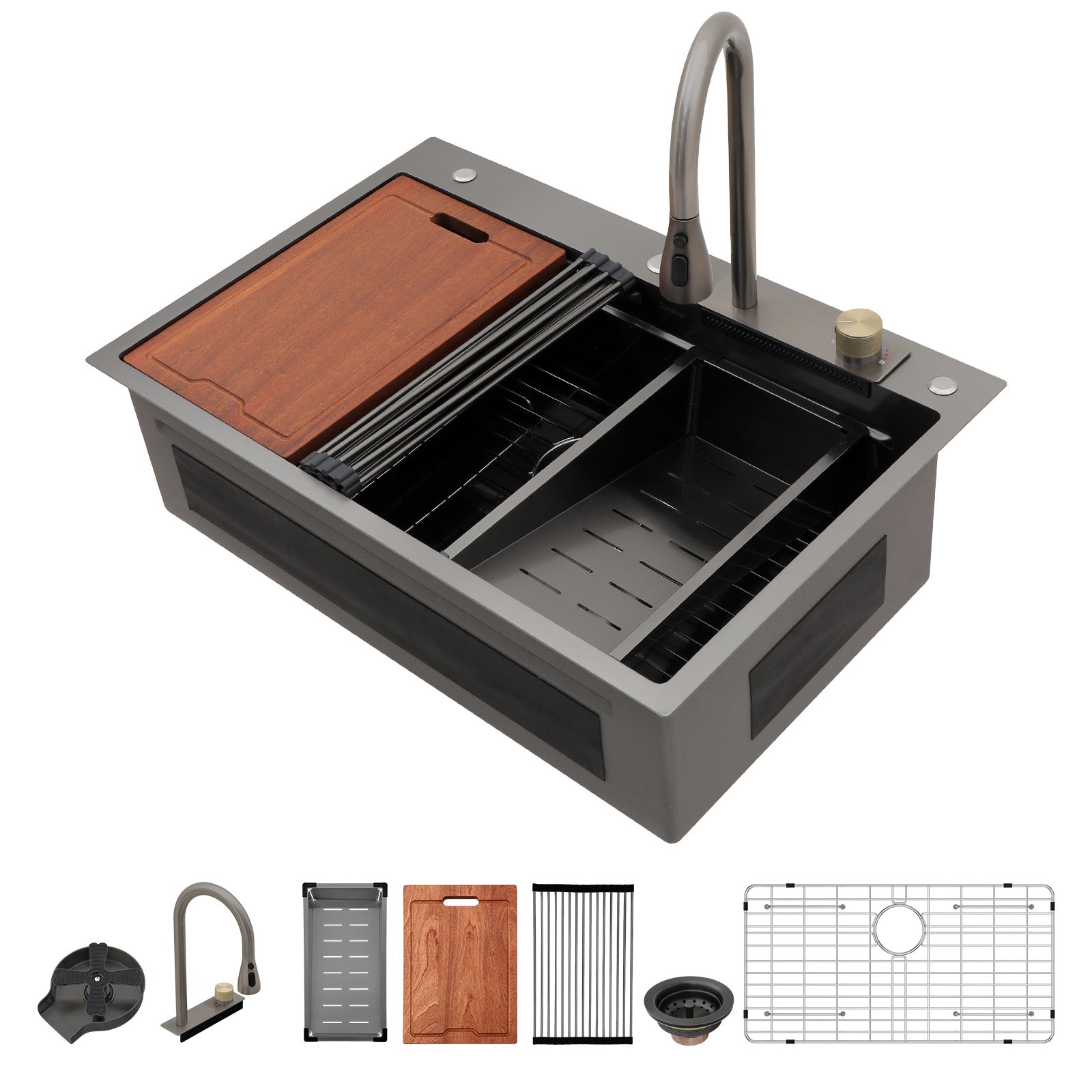 Lordear 33'' Drop In Waterfall Single Bowl Stainless Steel Workstation Kitchen Sink