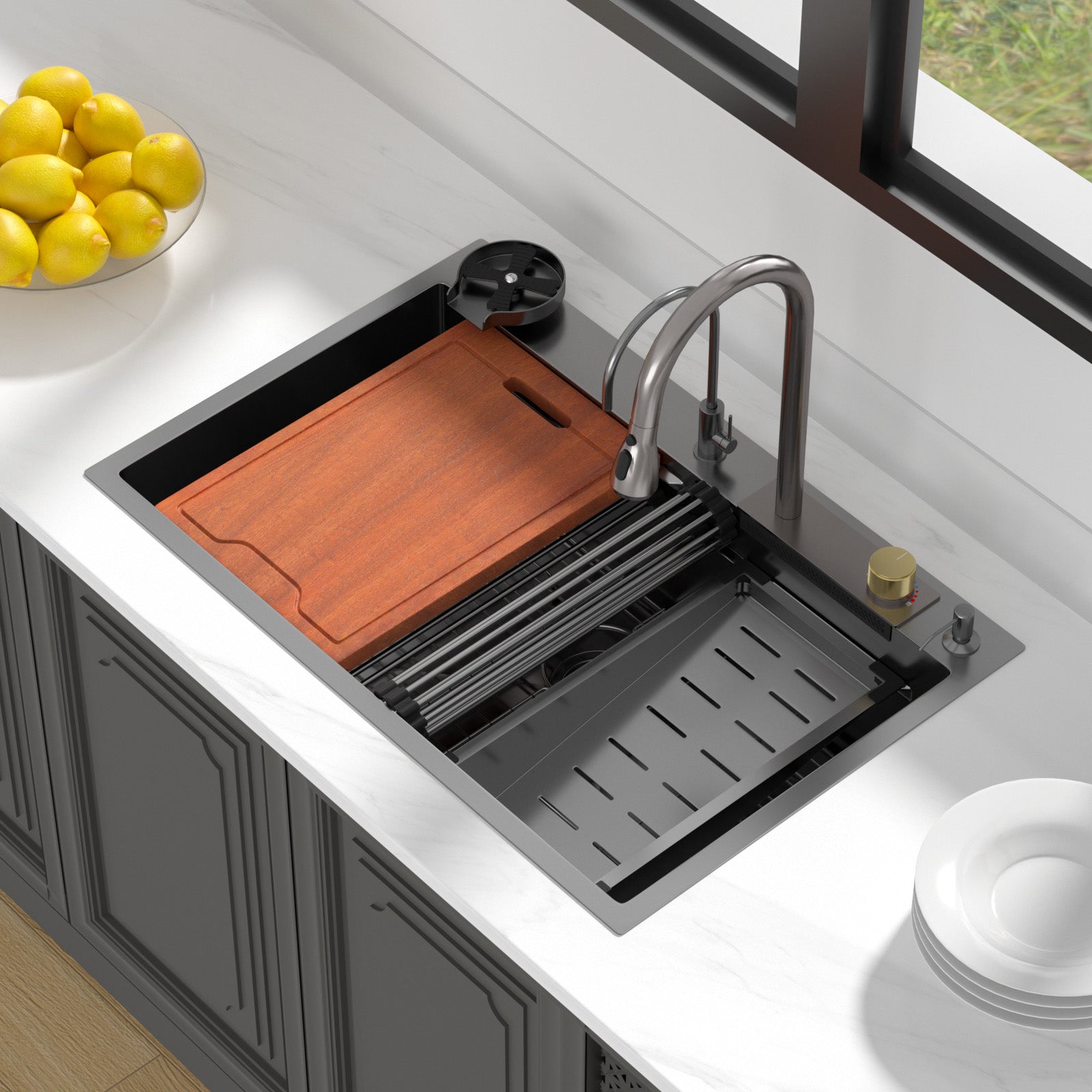 Lordear 33'' Drop In Waterfall Single Bowl Stainless Steel Workstation Kitchen Sink — thumbnail 3