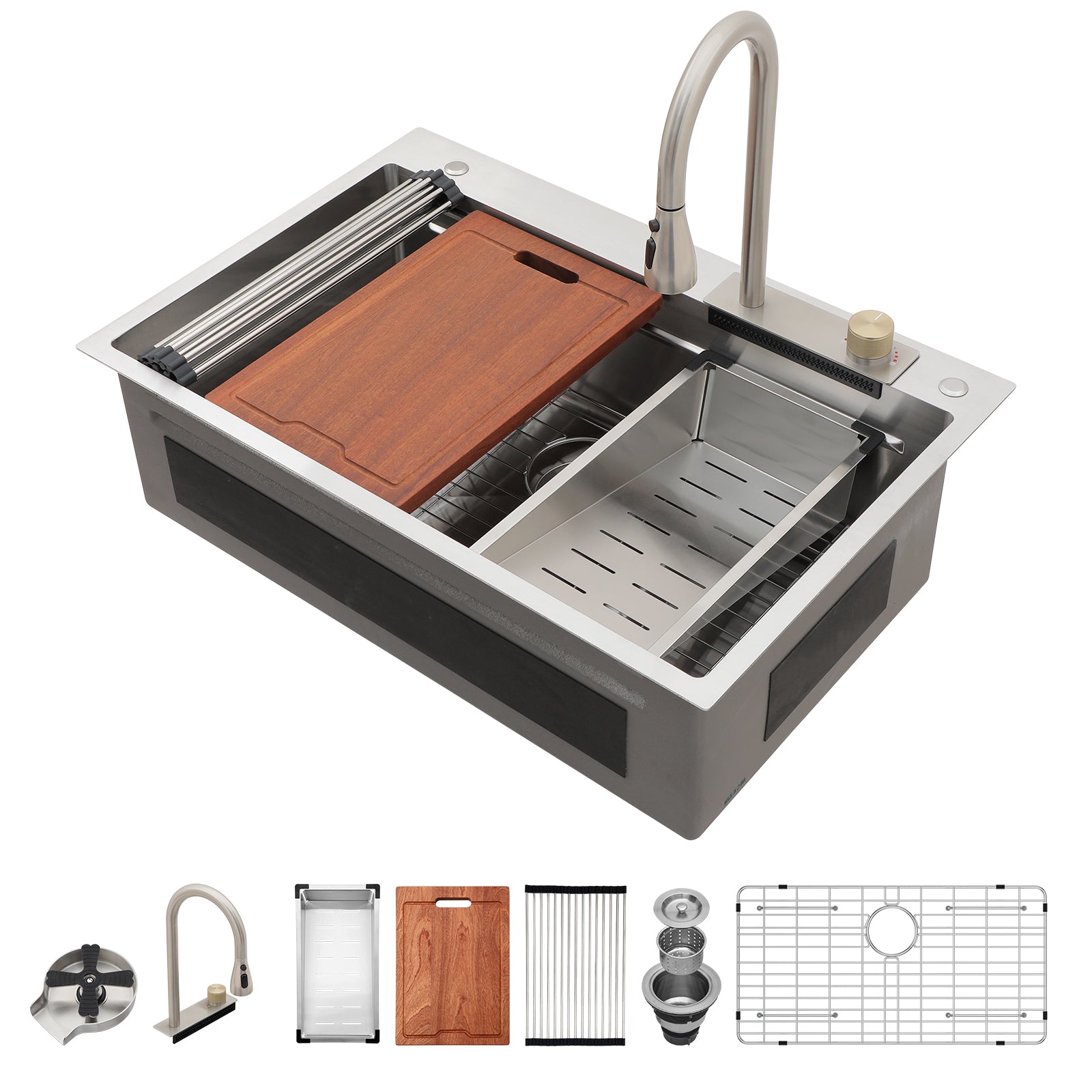 Lordear 33'' Drop In Waterfall Single Bowl Stainless Steel Workstation Kitchen Sink