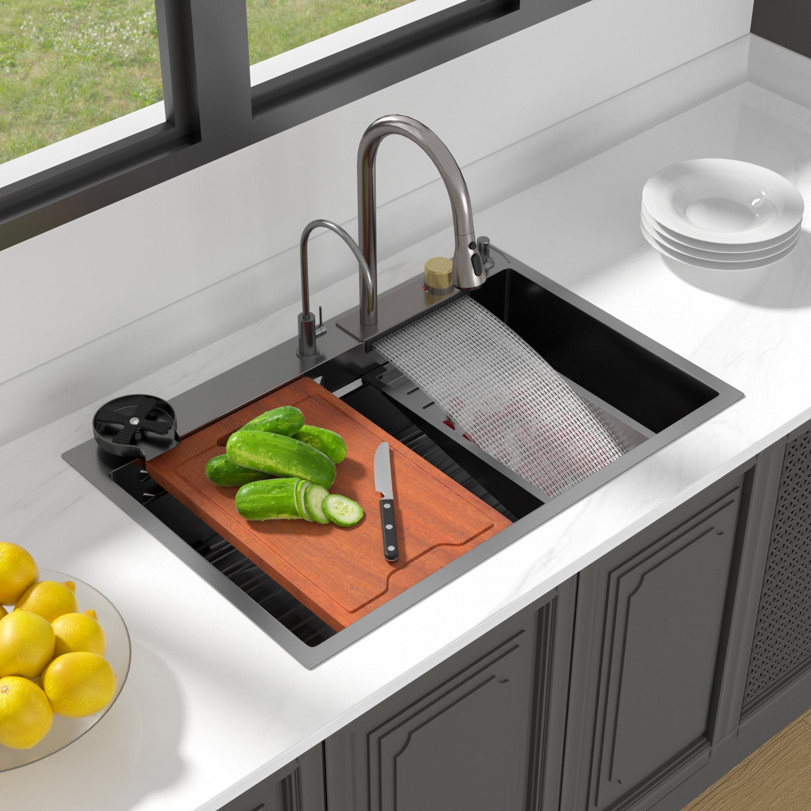 Lordear 33'' Drop In Waterfall Single Bowl Stainless Steel Workstation Kitchen Sink — thumbnail 2