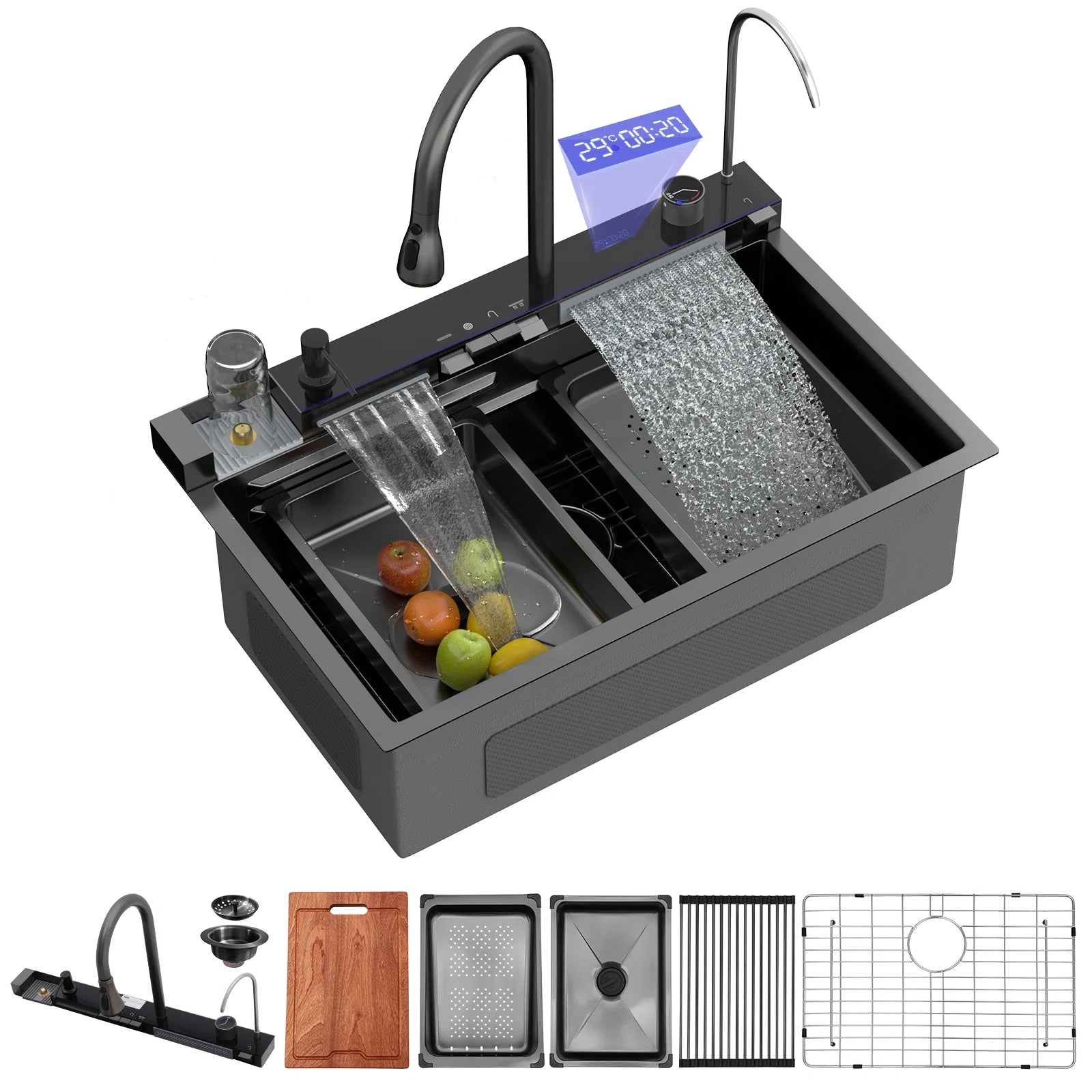 Lordear 30'' Digital Display Drop In Waterfall Single Bowl Stainless Steel Workstation Kitchen Sink — image 1