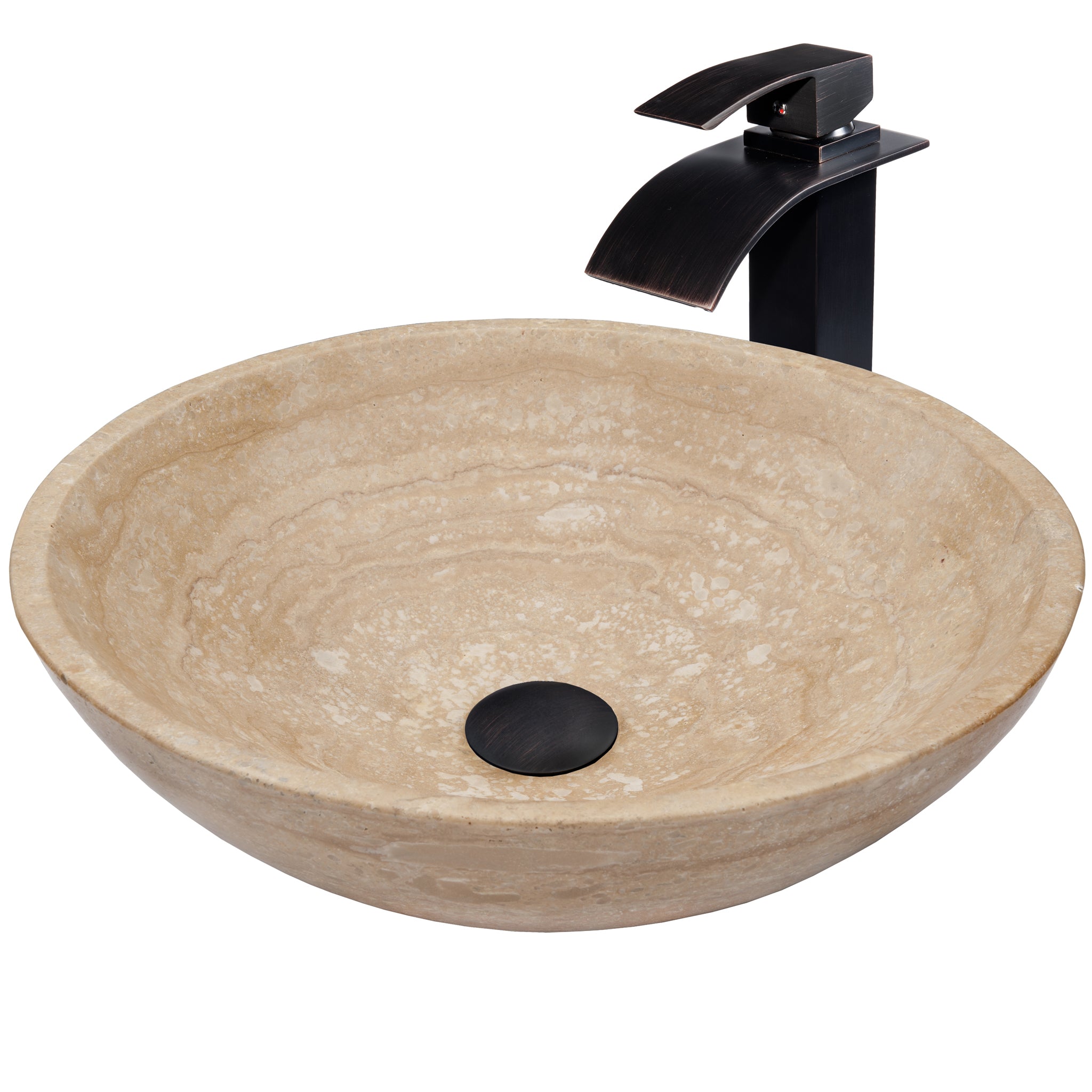 Round Beige Travertine Stone Vessel Sink Combo NSFC-BT136ORB