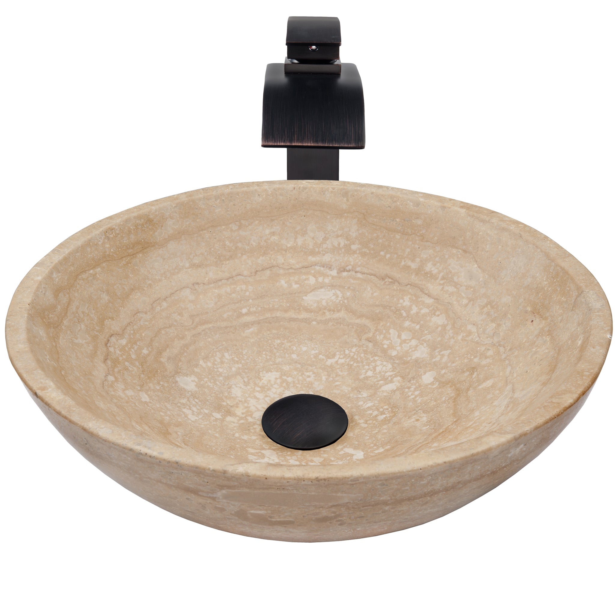 Round Beige Travertine Stone Vessel Sink Combo NSFC-BT136ORB — thumbnail 2