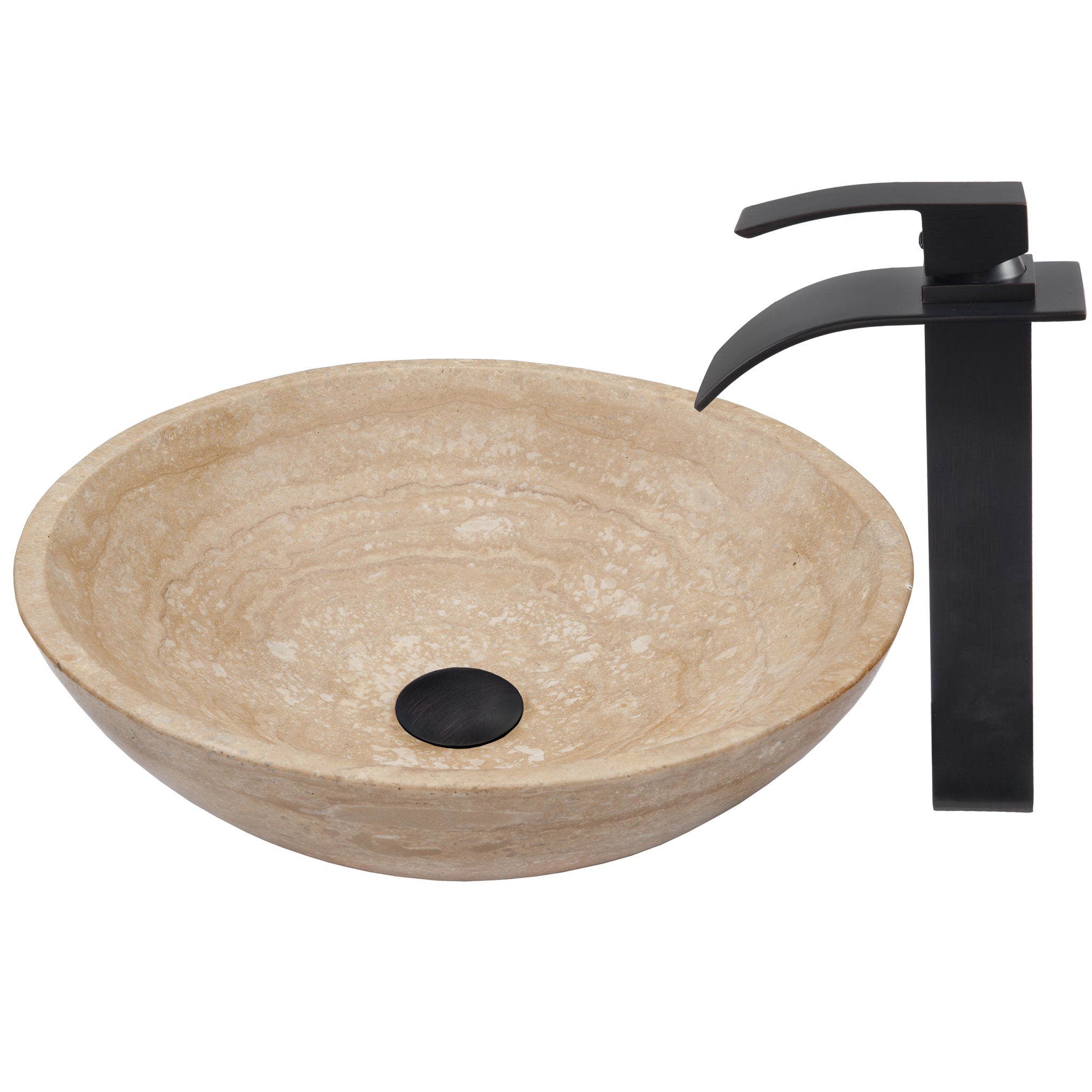 Round Beige Travertine Stone Vessel Sink Combo NSFC-BT136ORB — thumbnail 3