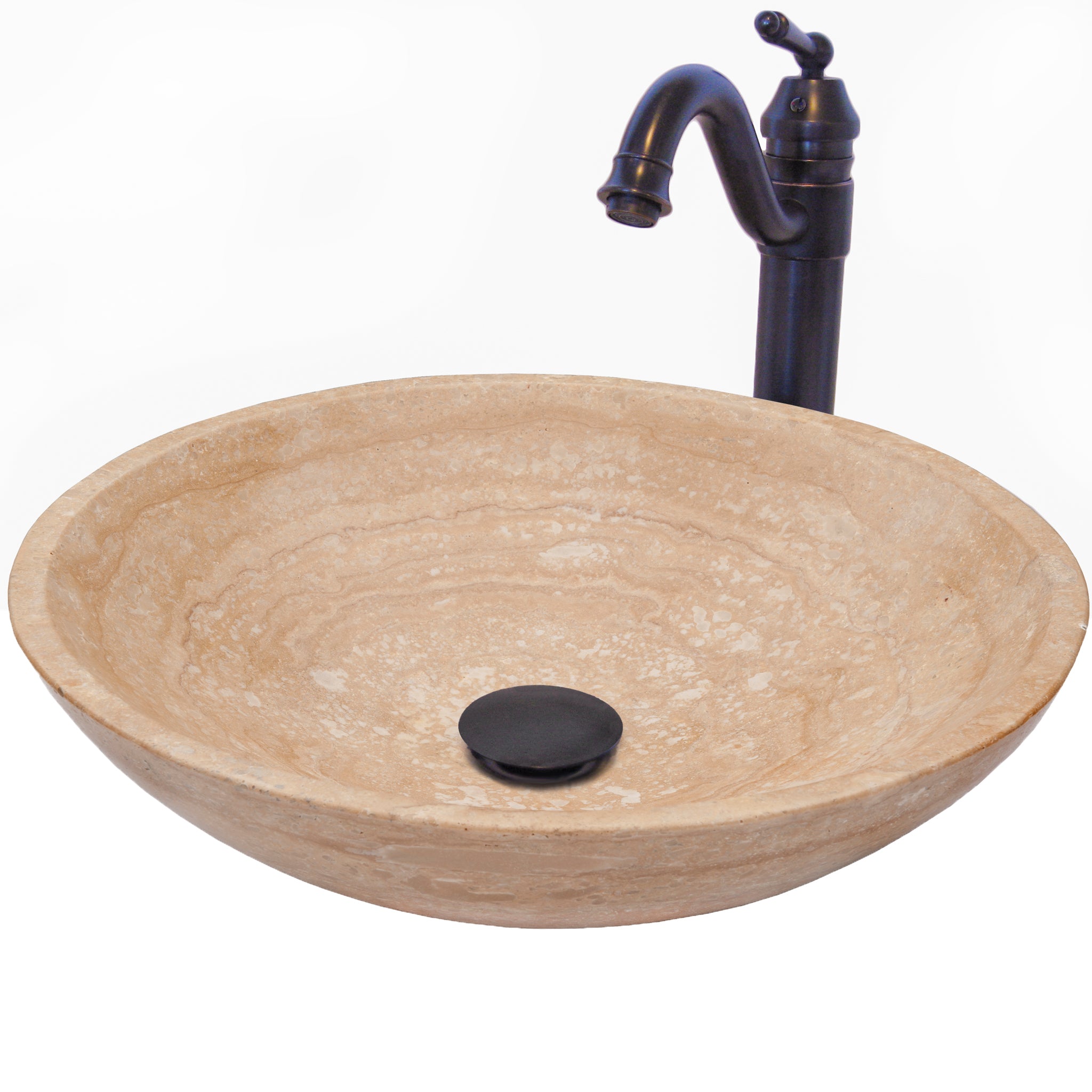 Round Beige Travertine Stone Vessel Sink Combo NSFC-BT359ORB