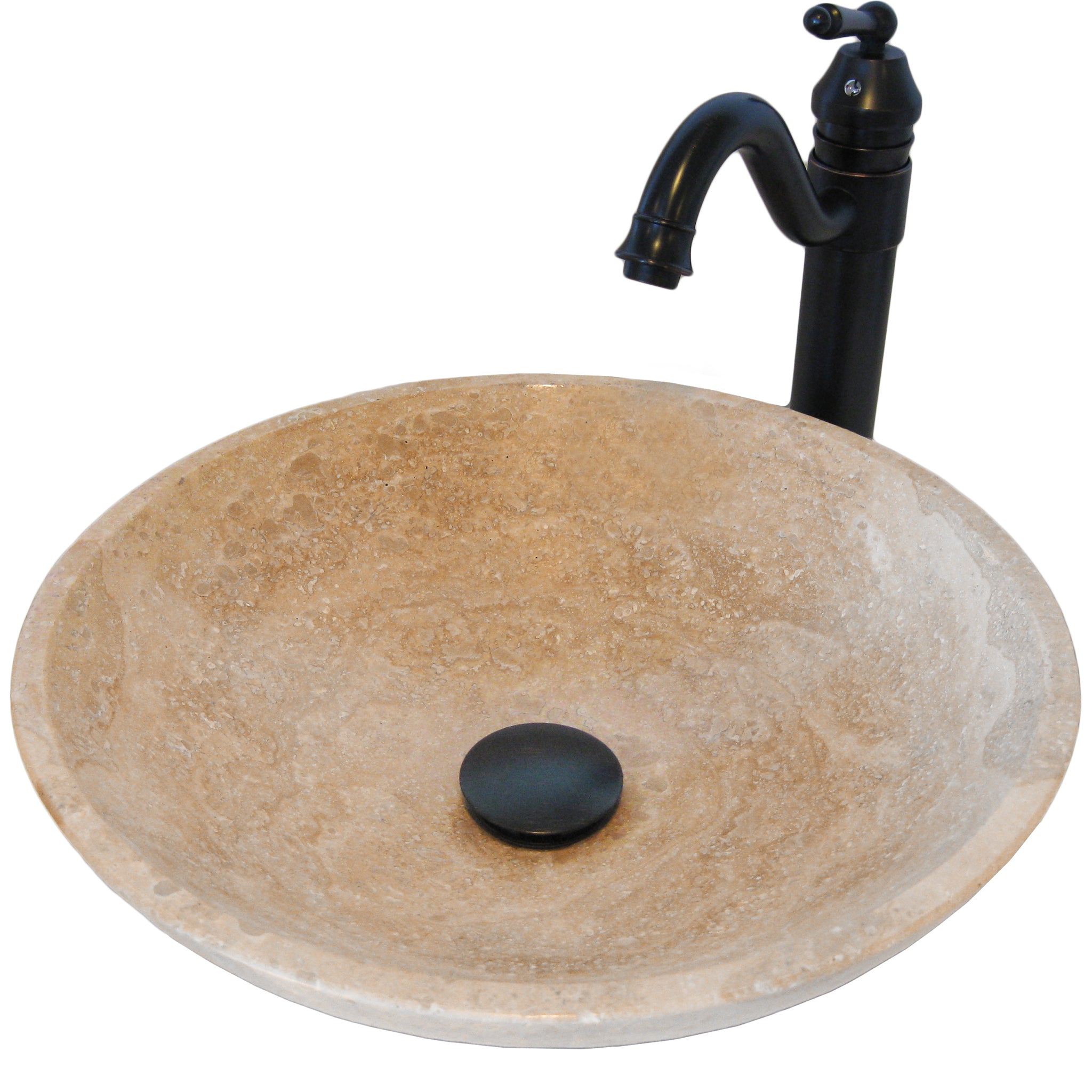 Round Beige Travertine Stone Vessel Sink Combo NSFC-BT359ORB — thumbnail 2