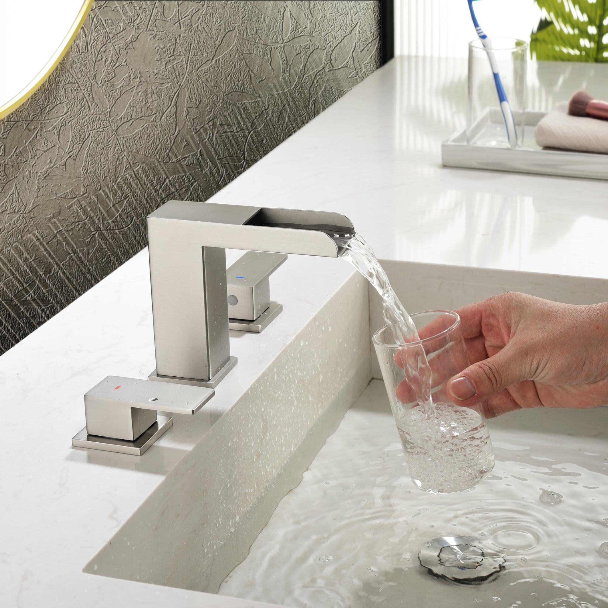 Double Handle Bathroom Sink Faucet with ABS Drain, Hot & Cold Water Control, 1.2 GPM — thumbnail 2