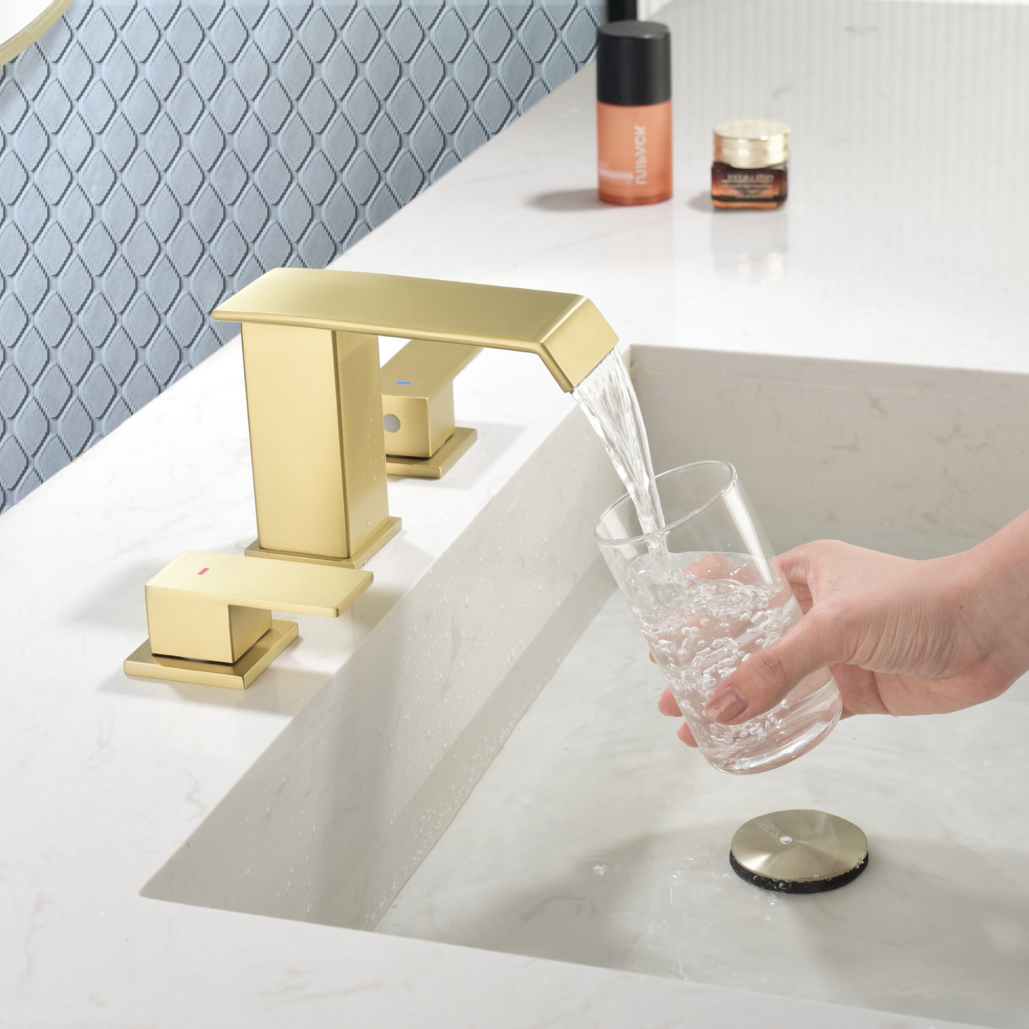Double Handle Bathroom Faucet with Drain Assembly