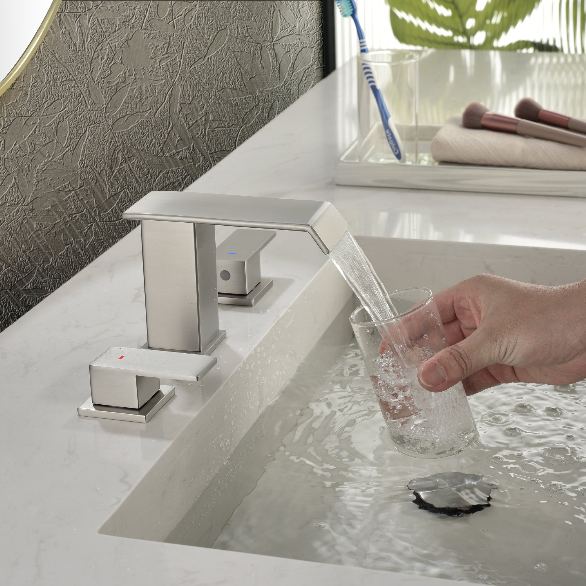 Double Handle Bathroom Faucet with Drain Assembly