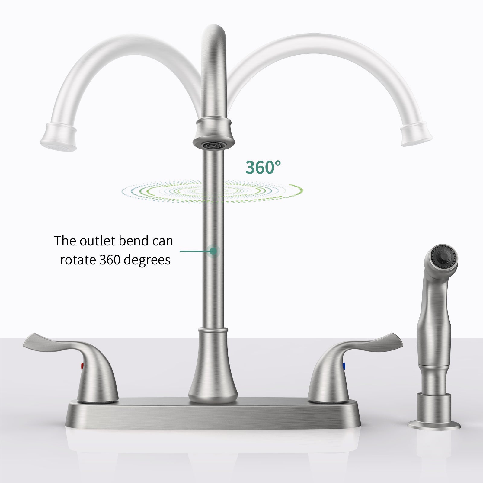 Brushed Nickel Two Handle Kitchen Faucet with 360 Swivel Pull Out Sprayer — thumbnail 3