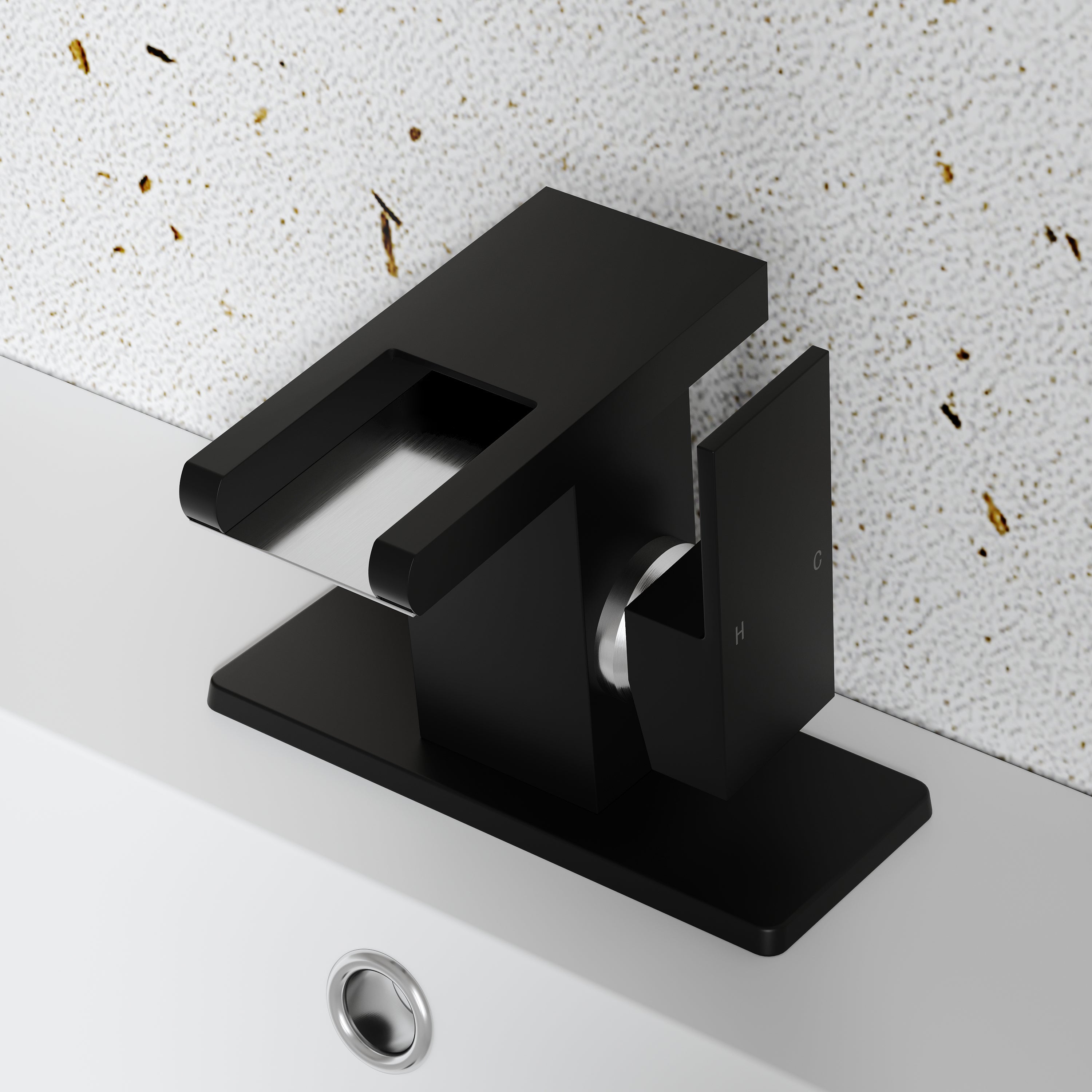 Single Handle LED Waterfall Bathroom Sink Faucet with Deck Plate, Temperature-Sensitive 3-Color Light — thumbnail 3