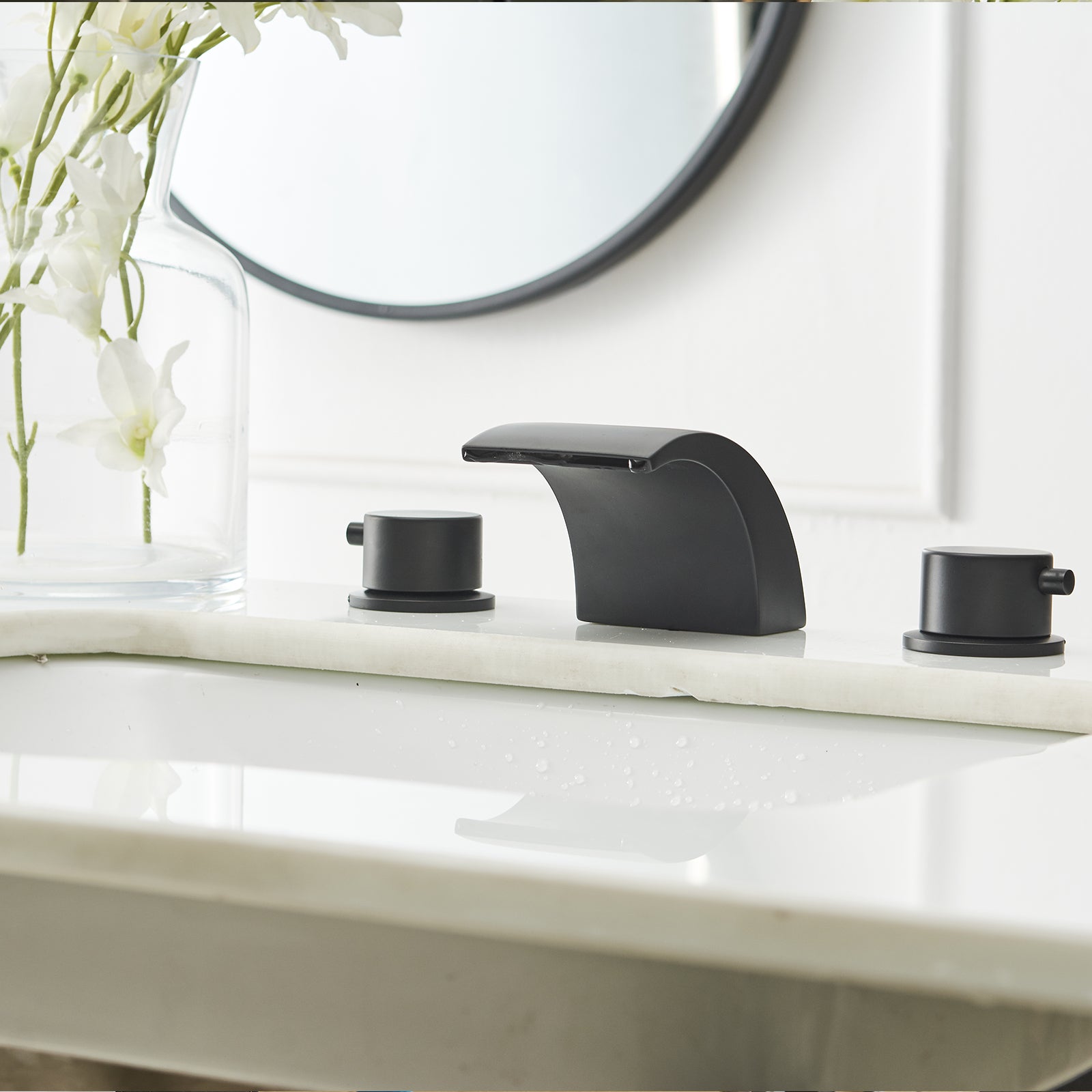 8 in. Widespread Double Handle Bathroom Waterfall Faucet with Pop-Up Drain and Supply Lines — thumbnail 3