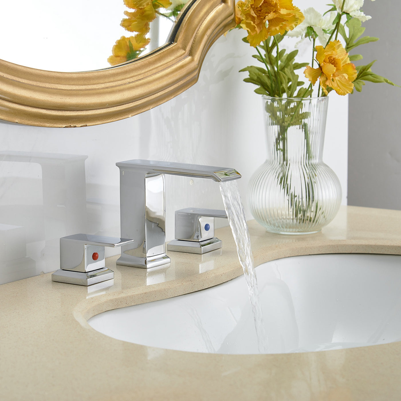 8 in. Waterfall Widespread 2-Handle Bathroom Faucet With Pop-up Drain Assembly in Spot Resist Polished Chrome — thumbnail 3