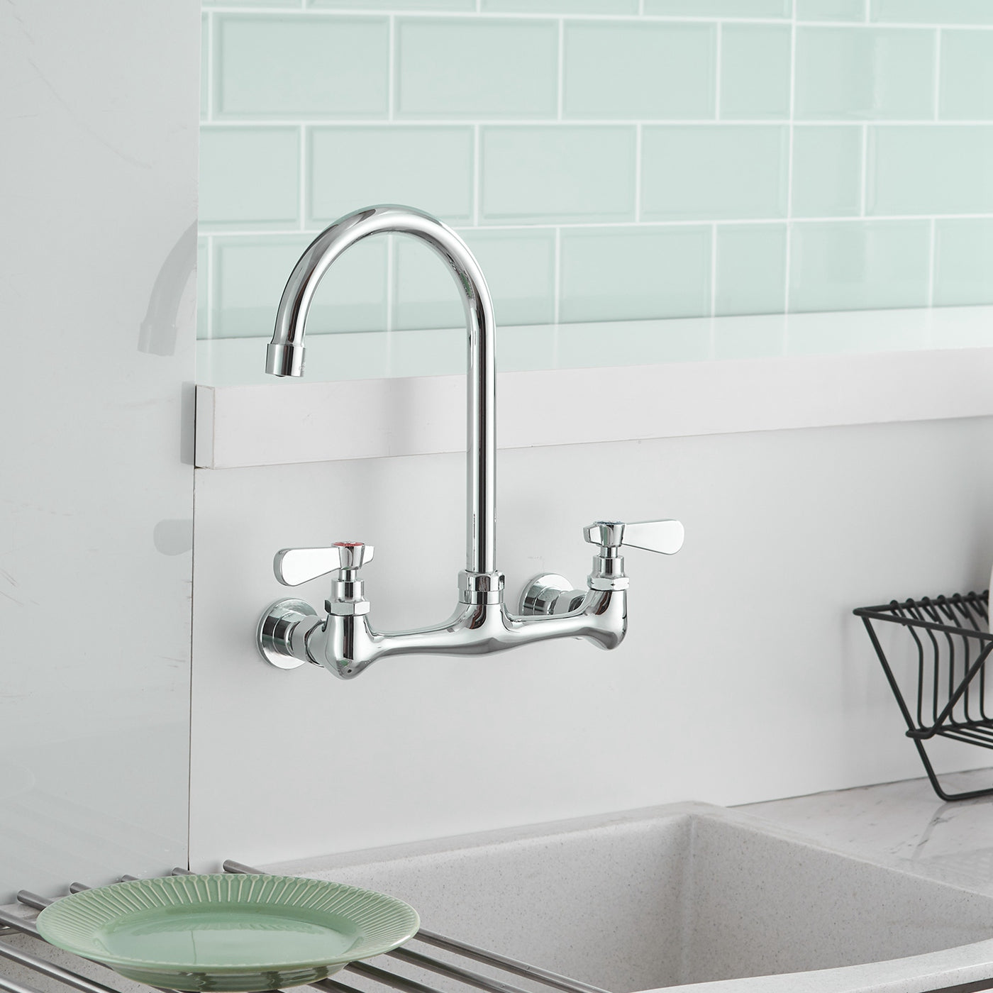 Double Handle Wall Mount Standard Kitchen Faucet with 8 in. Swivel Spout — thumbnail 3