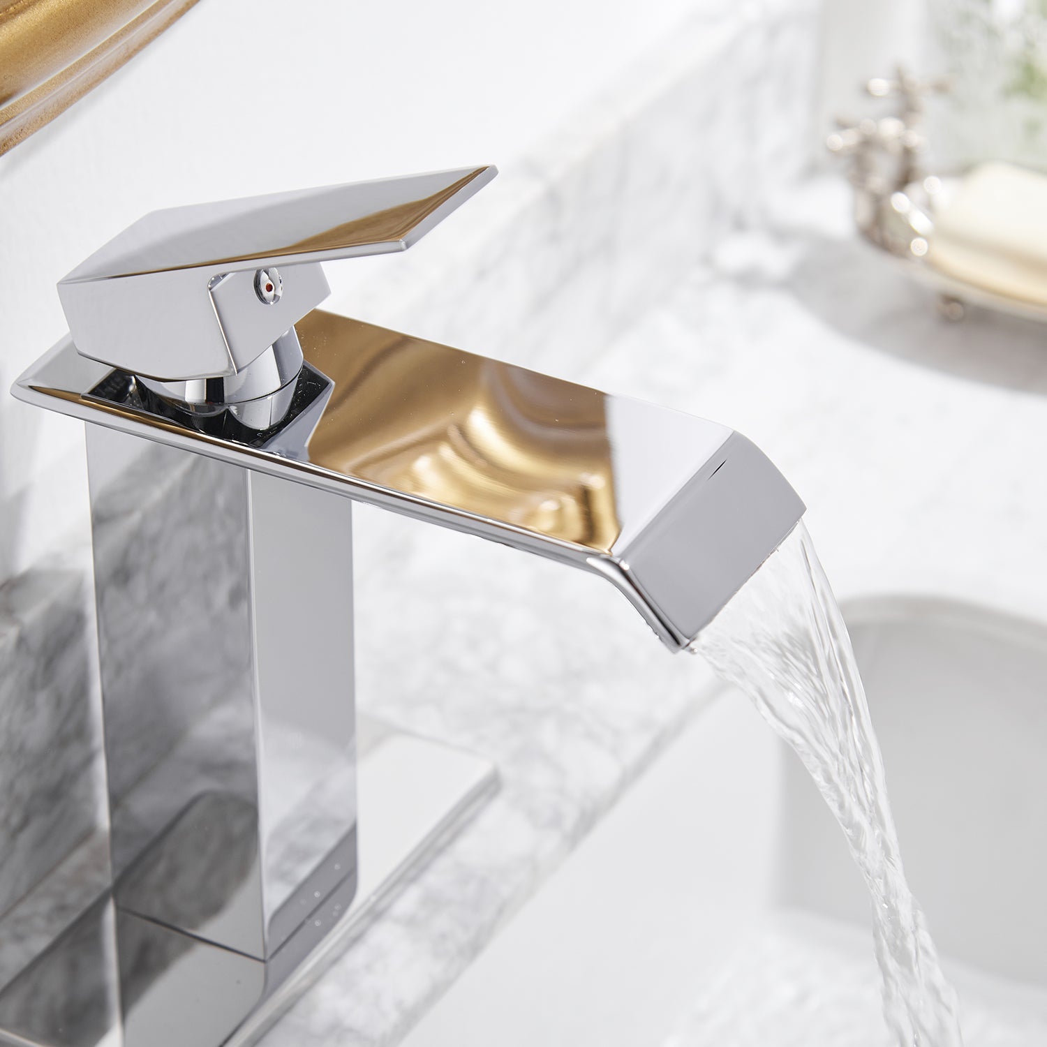 Waterfall Single-Handle Low-Arc Bathroom Faucet With Pop-up Drain Assembly — thumbnail 3